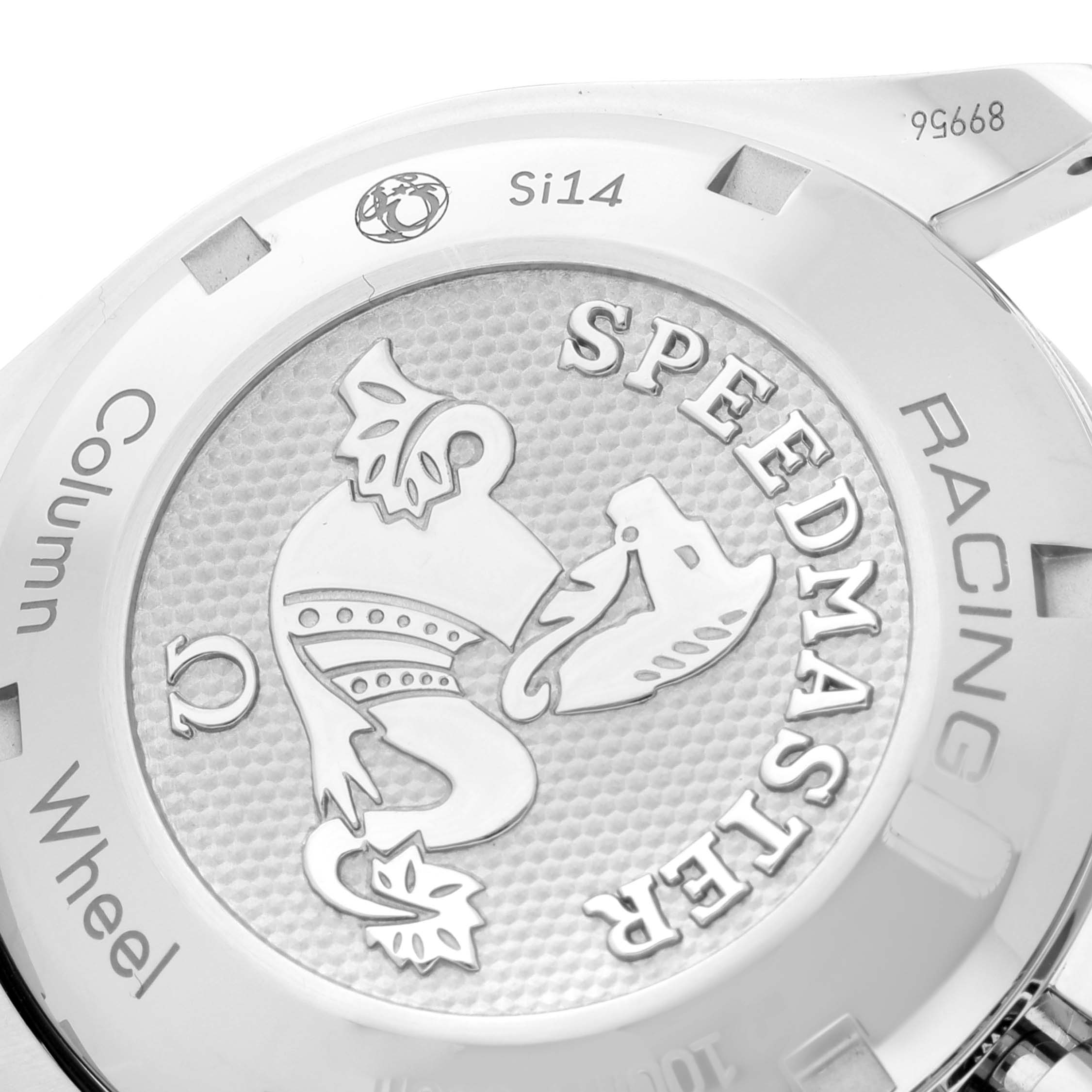 This image shows the back case of an Omega Speedmaster 326.30.40.50.03.001 Men
s Stainless Steel Blue Dial 326.30.40.50.03.001 Men
s Stainless Steel Blue Dial Racing watch, highlighting the engravings and medallion design.