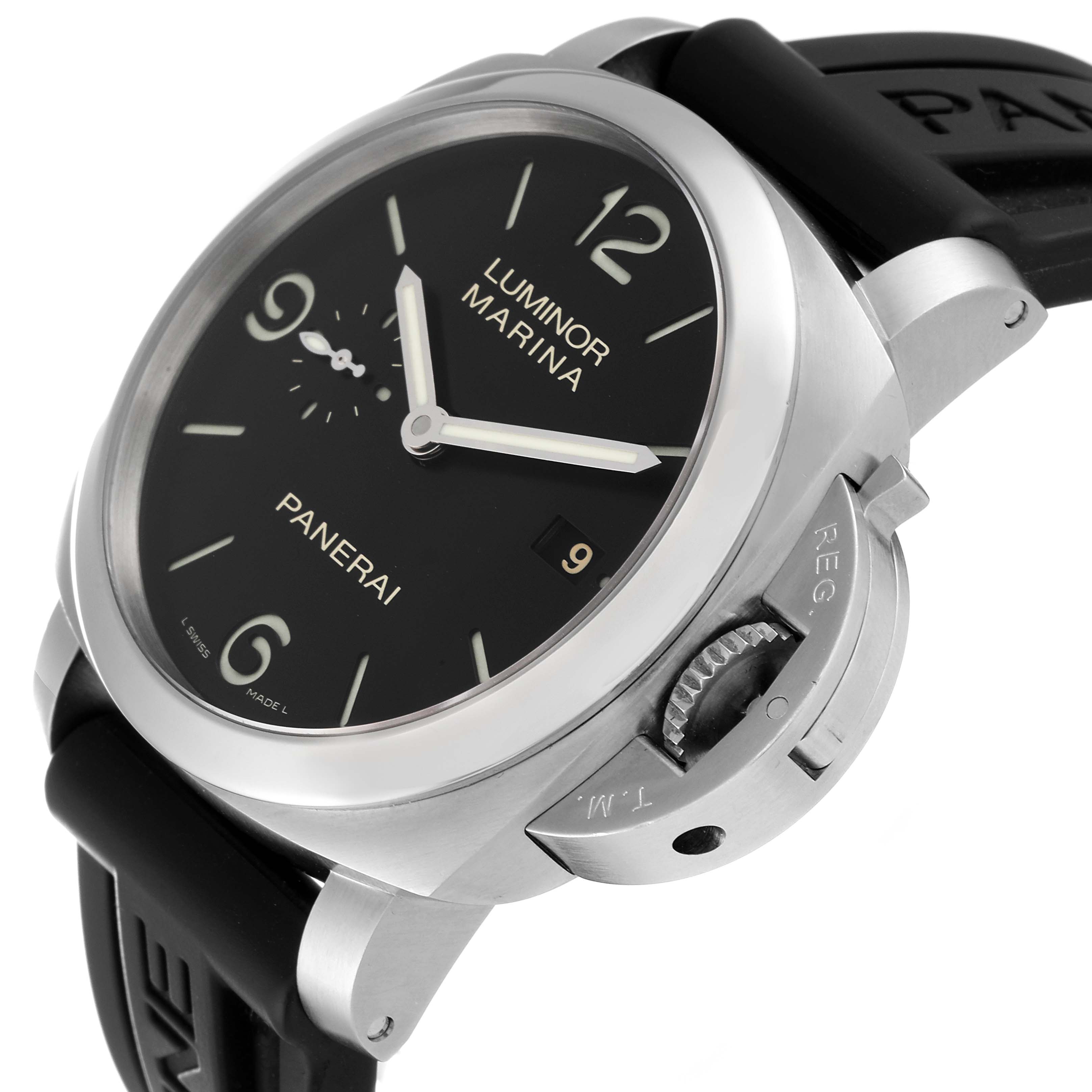 This Panerai Luminor PAM00312 Men's Stainless Steel Black Dial PAM00312 Men's Stainless Steel Black Dial watch is shown at an angle displaying the face, crown guard, and black strap.