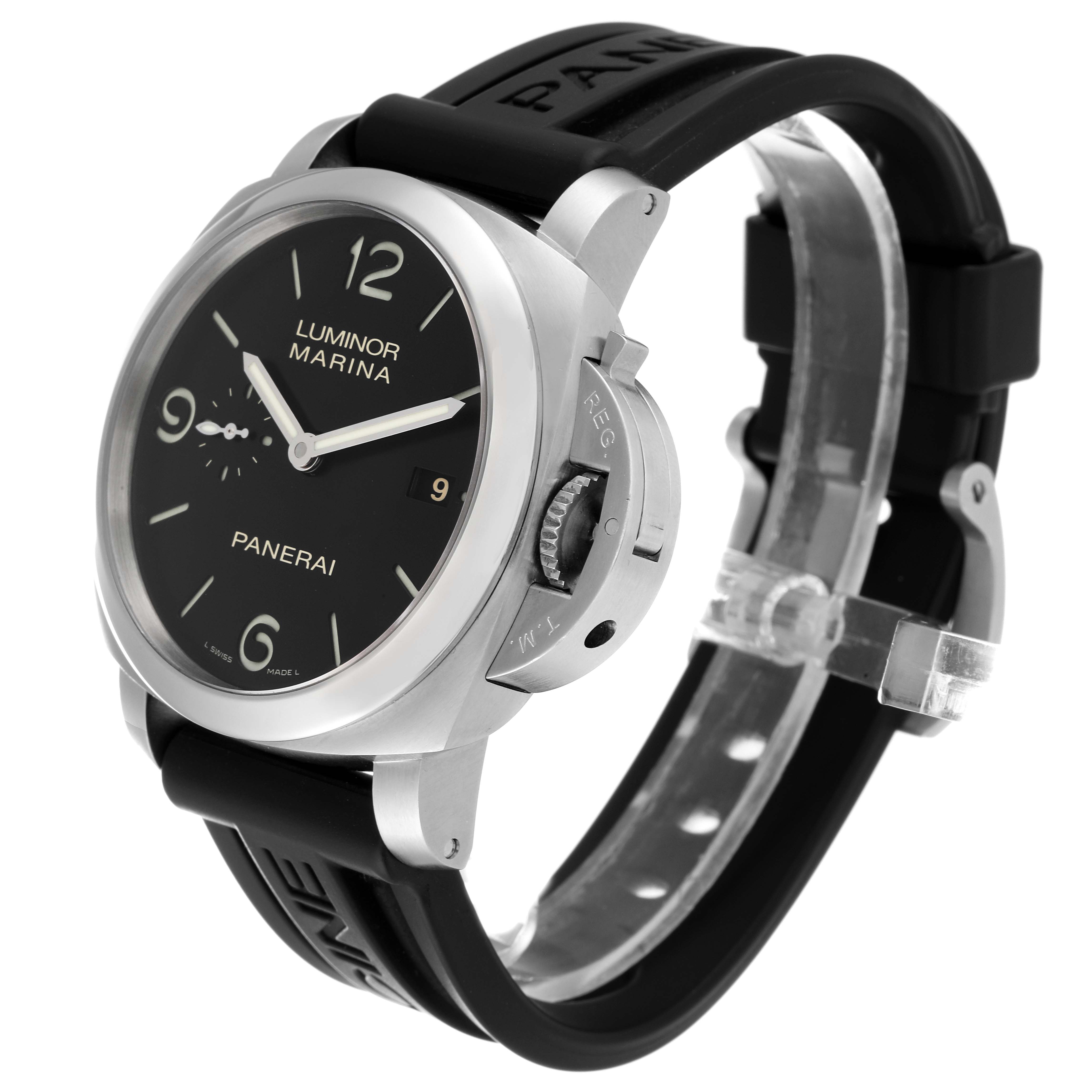 The image shows a Panerai Luminor PAM00312 Men's Stainless Steel Black Dial PAM00312 Men's Stainless Steel Black Dial Marina watch from a front-left angle, highlighting its black dial, crown guard, and black strap.