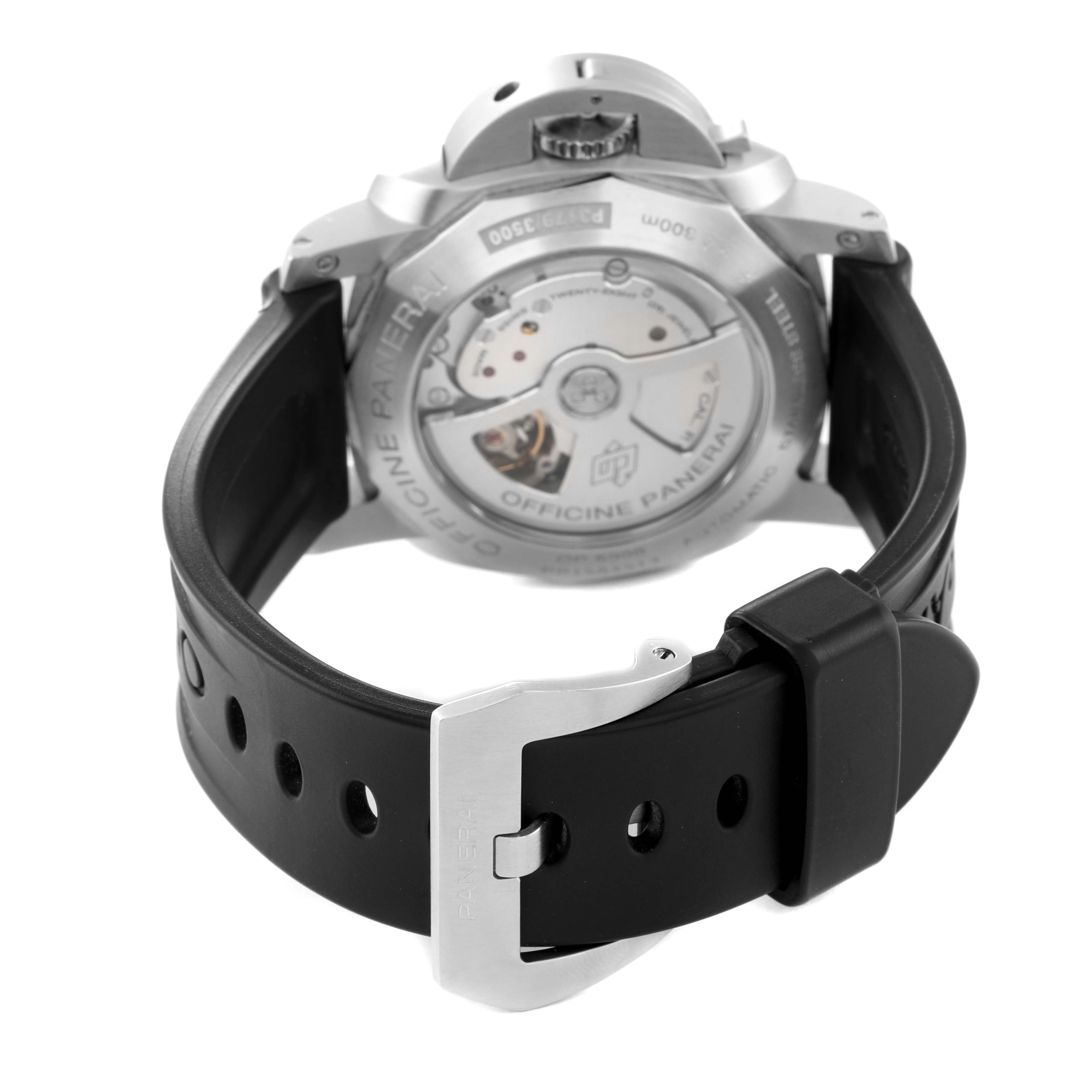 The image shows the back view of a Panerai Luminor PAM00312 Men's Stainless Steel Black Dial PAM00312 Men's Stainless Steel Black Dial watch, highlighting its case back and the rubber strap with buckle.