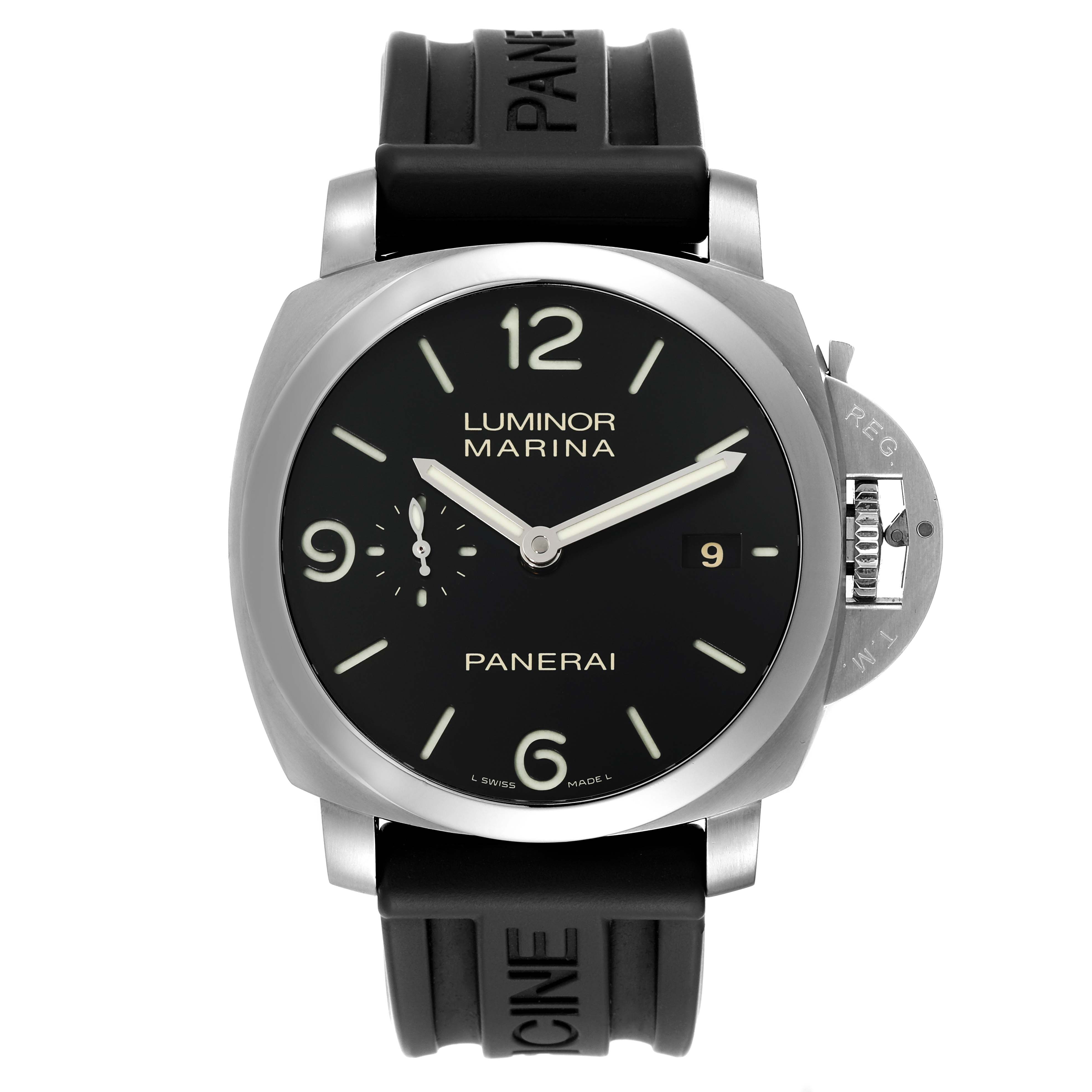 The image shows a front view of the Panerai Luminor PAM00312 Men's Stainless Steel Black Dial PAM00312 Men's Stainless Steel Black Dial Marina watch, featuring a black dial and rubber strap.