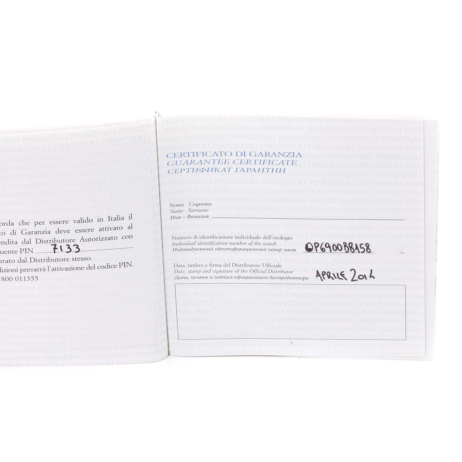 The image shows an open guarantee certificate for a Luminor model watch by Panerai.