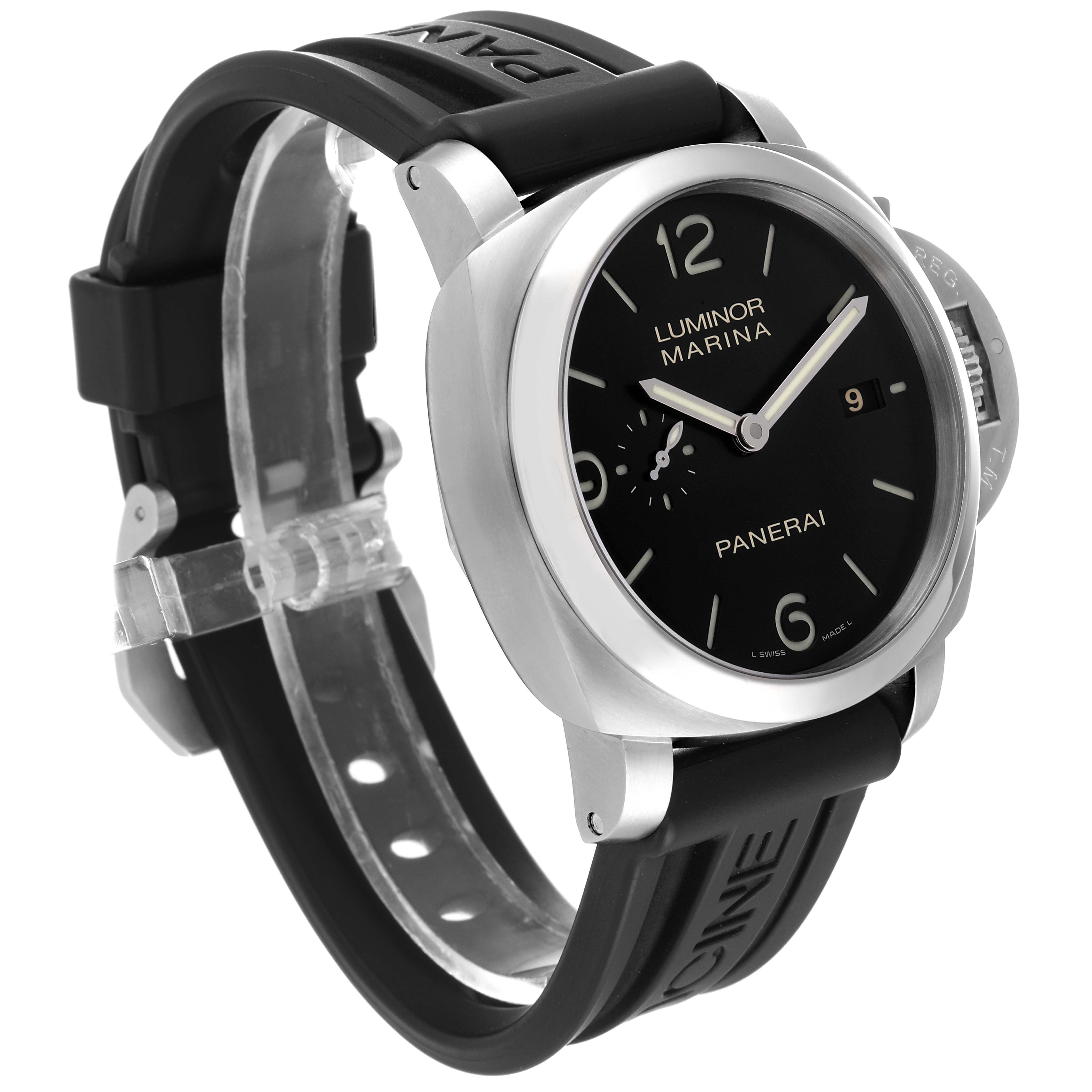 The image displays a Panerai Luminor PAM00312 Men's Stainless Steel Black Dial PAM00312 Men's Stainless Steel Black Dial watch from an angled side view, showcasing the dial, case, crown guard, and black rubber strap.