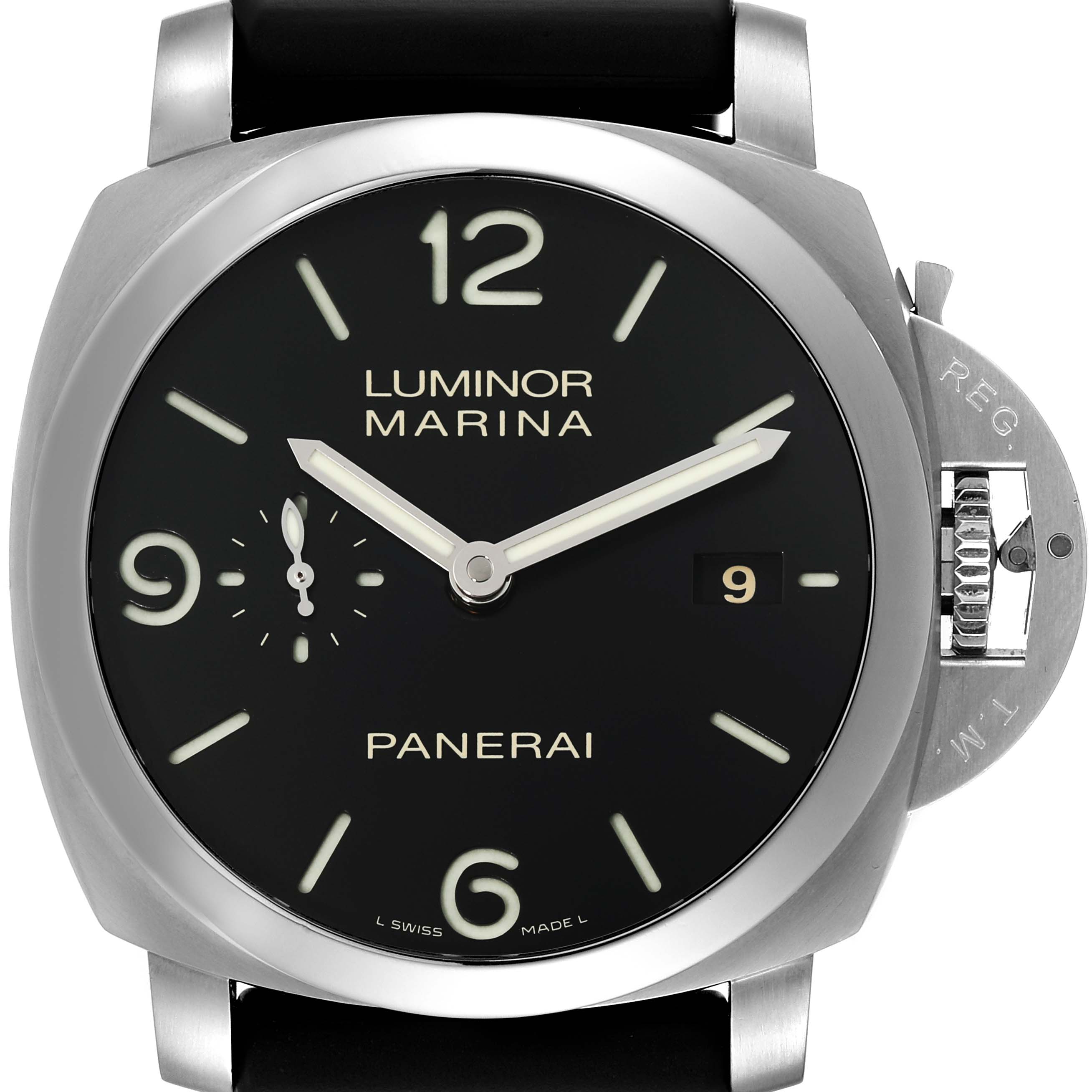 The image shows a front view of the Panerai Luminor PAM00312 Men's Stainless Steel Black Dial PAM00312 Men's Stainless Steel Black Dial Marina watch, highlighting its black dial and stainless steel casing.