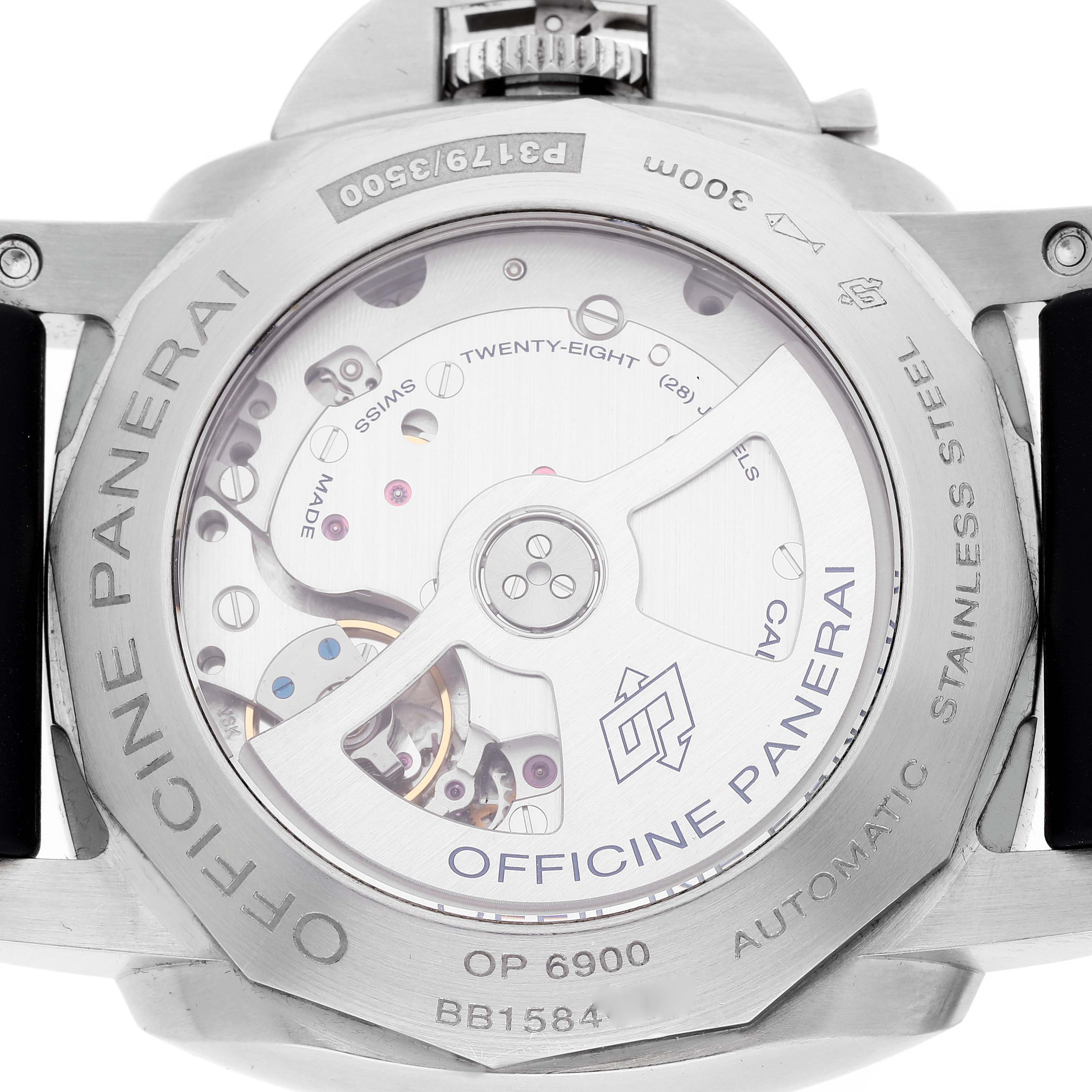 This image shows the back view of a Panerai Luminor PAM00312 Men's Stainless Steel Black Dial PAM00312 Men's Stainless Steel Black Dial watch, highlighting its automatic movement and engravings.