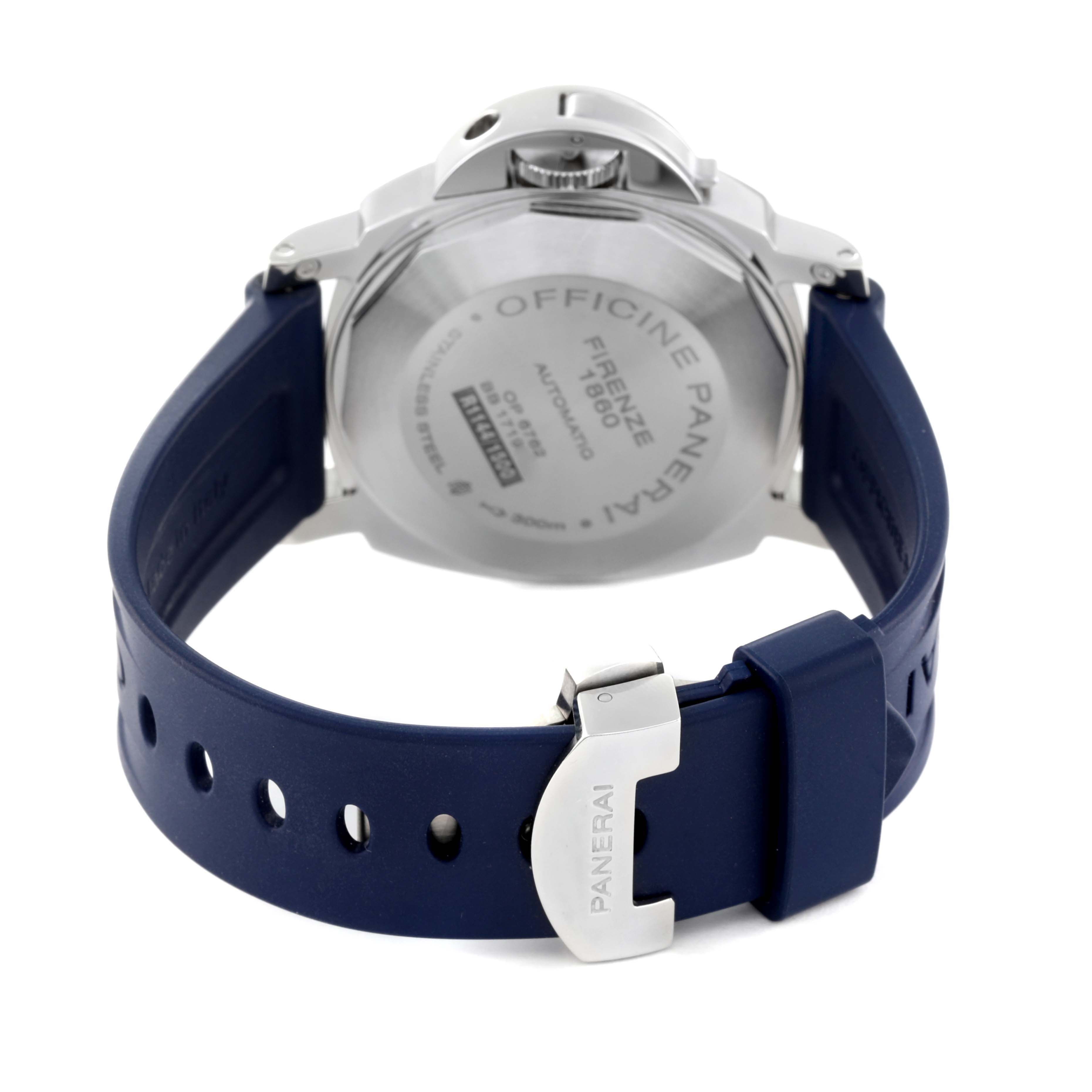 The image shows the back of a Panerai Luminor PAM00090 Men
s Stainless Steel Black Dial PAM00090 Men
s Stainless Steel Black Dial watch, focusing on the case back and blue strap with the buckle.