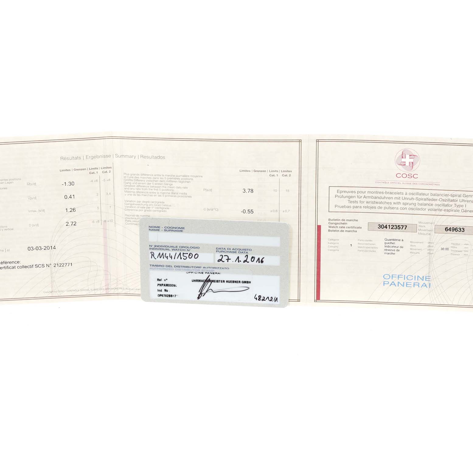 The image shows the warranty card and certificates for a Luminor model by Panerai.