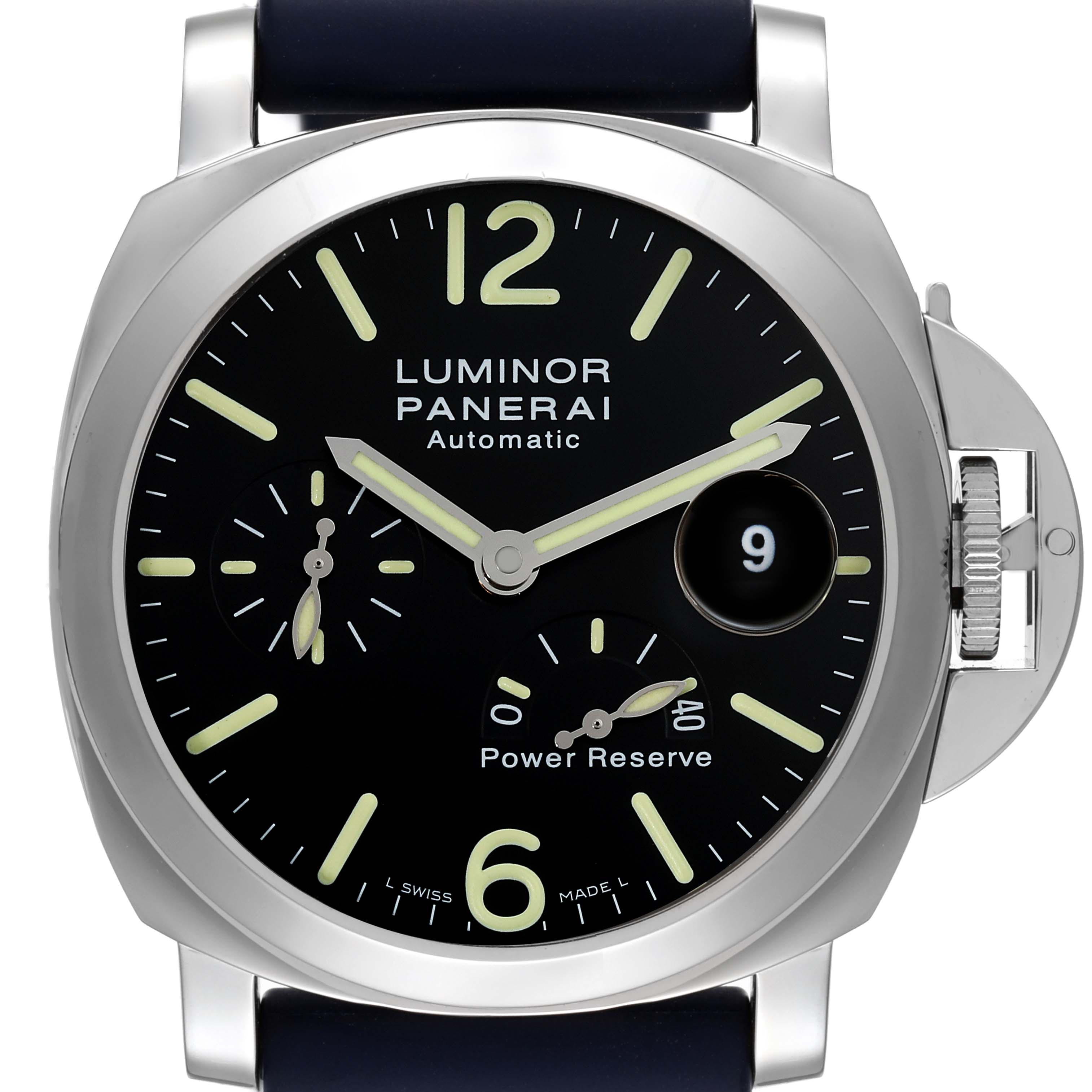 The image shows the front face of a Panerai Luminor PAM00090 Men
s Stainless Steel Black Dial PAM00090 Men
s Stainless Steel Black Dial watch, highlighting its dial, power reserve indicator, and date window.