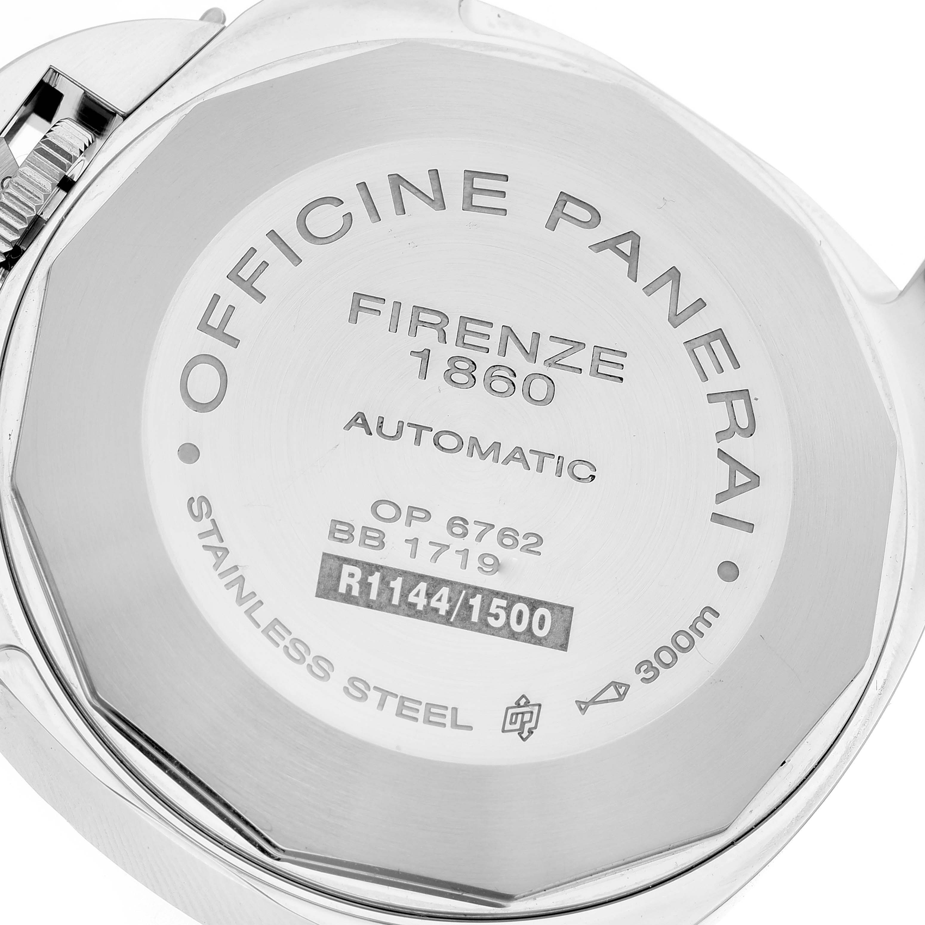 This image shows the back case of the Luminor model watch by Panerai, detailing its engravings and specifications.