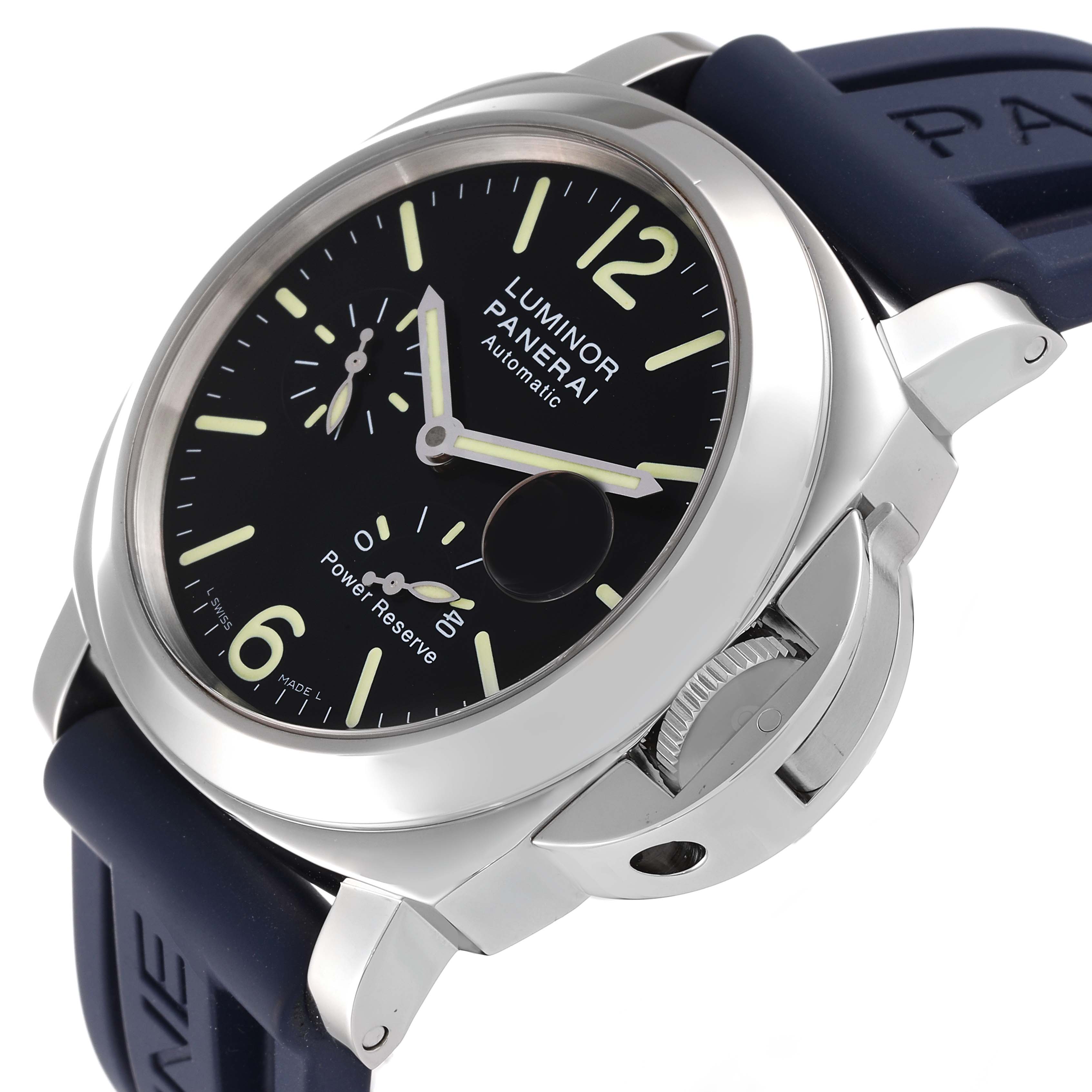 This image shows a Panerai Luminor PAM00090 Men
s Stainless Steel Black Dial PAM00090 Men
s Stainless Steel Black Dial watch at a slight angle showcasing the dial, case, crown guard, and part of the strap.