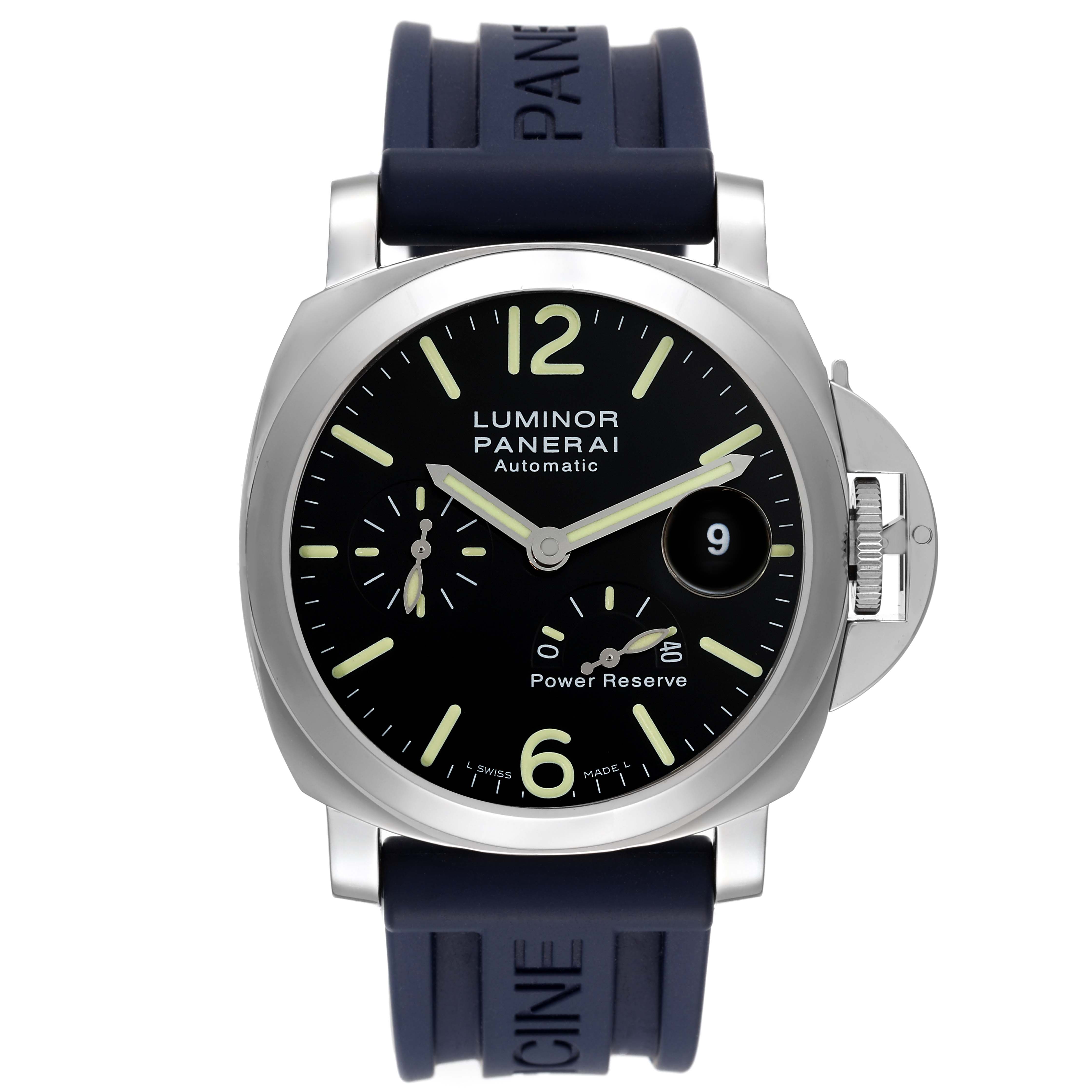 This image shows a front view of the Panerai Luminor PAM00090 Men
s Stainless Steel Black Dial PAM00090 Men
s Stainless Steel Black Dial watch, highlighting its dial, bezel, and strap.