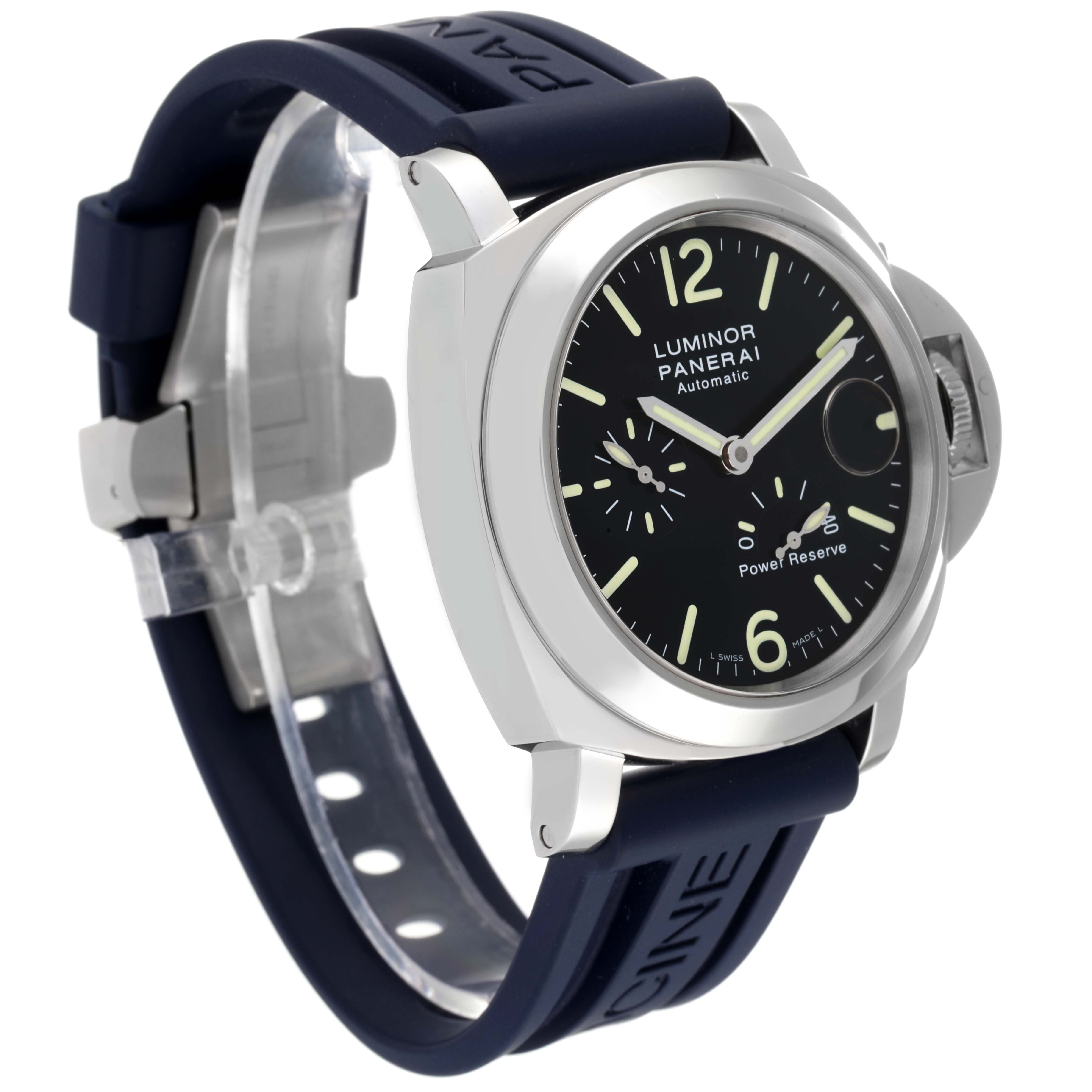 The image shows a Panerai Luminor PAM00090 Men
s Stainless Steel Black Dial PAM00090 Men
s Stainless Steel Black Dial watch at a three-quarter angle, highlighting the face, crown, and strap.