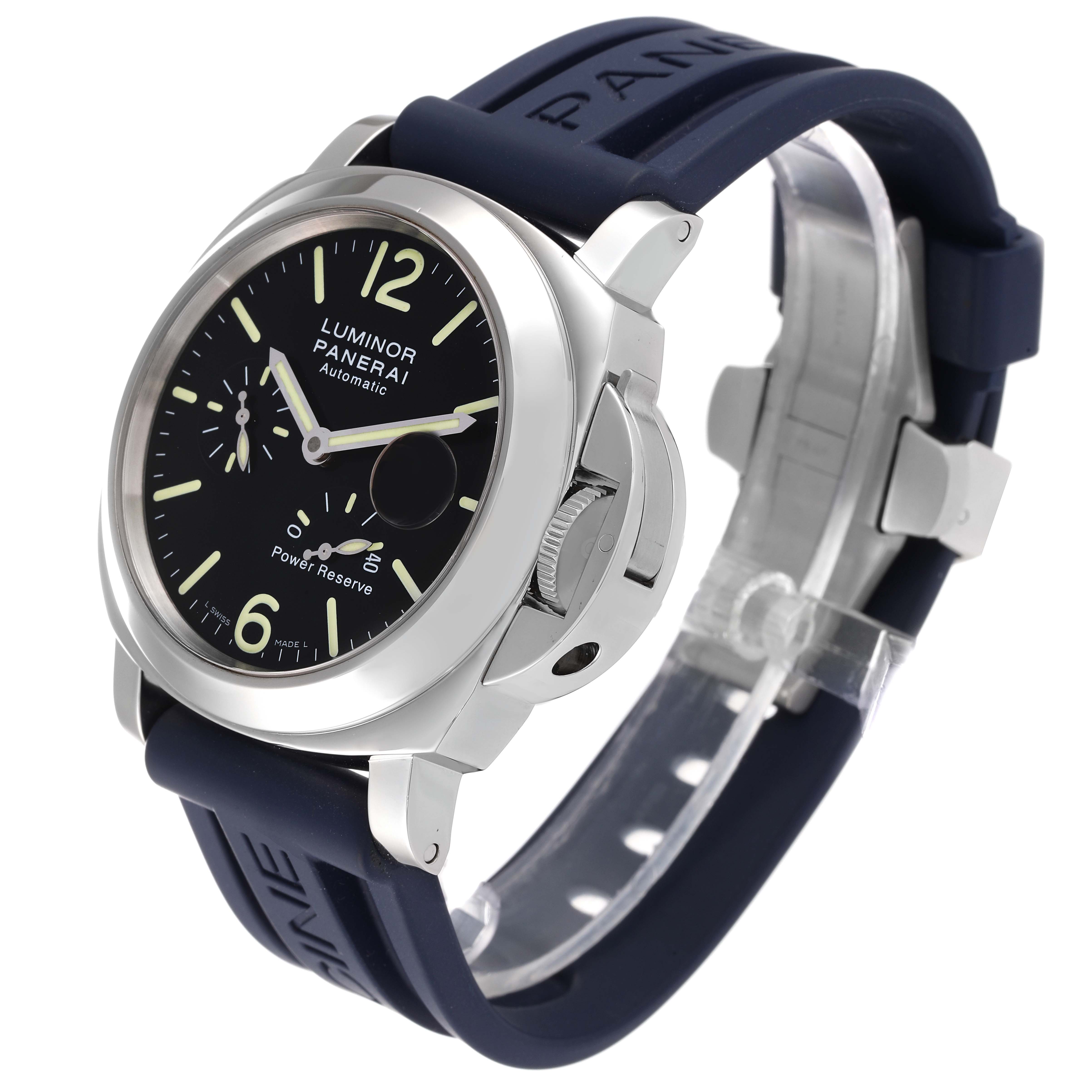 The image shows a Panerai Luminor PAM00090 Men
s Stainless Steel Black Dial PAM00090 Men
s Stainless Steel Black Dial watch from a three-quarter angle, highlighting the dial, crown guard, and strap.