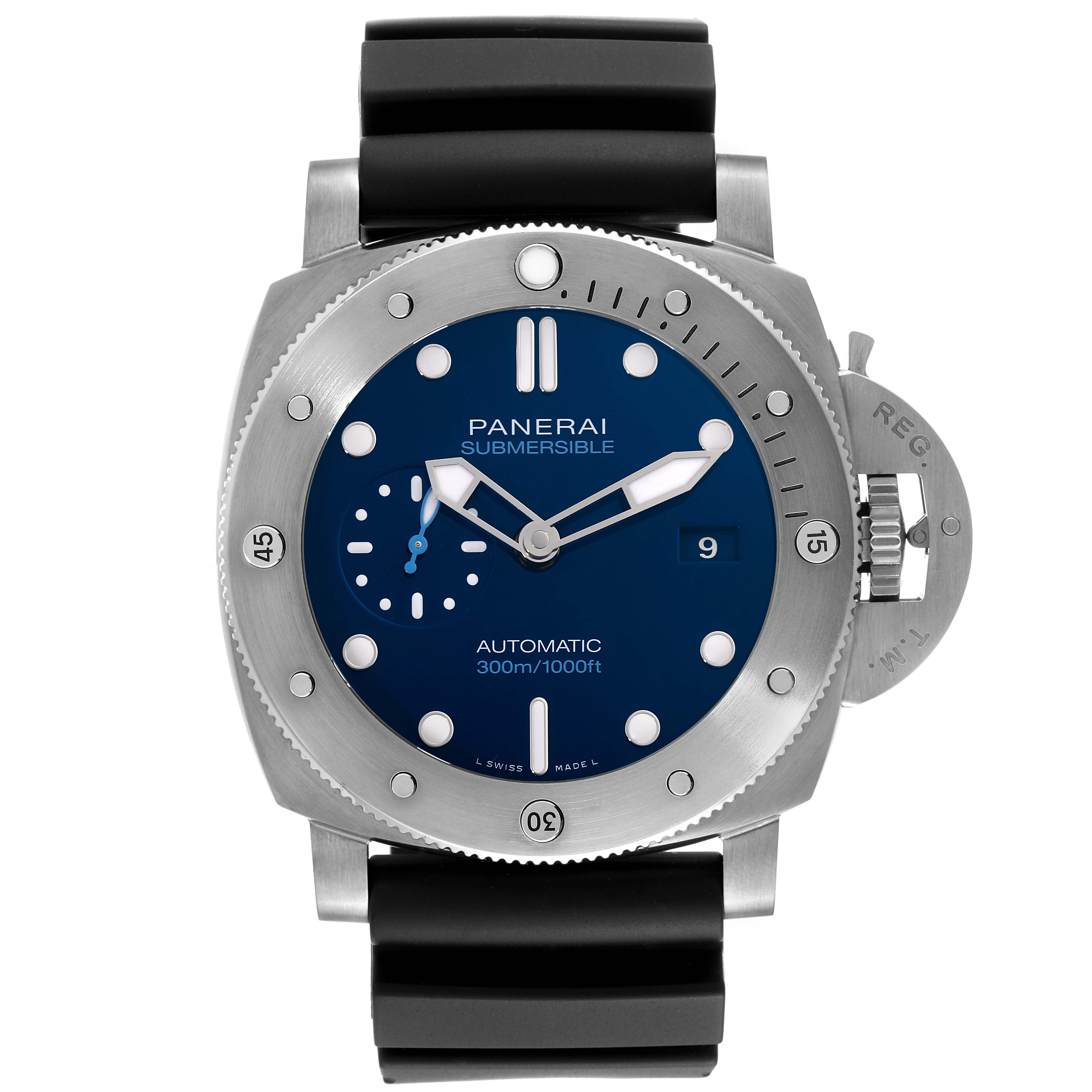 This image shows a front view of the Panerai Submersible PAM00692 Men
s Ceramic Blue Dial PAM00692 Men
s Ceramic Blue Dial watch displaying its dial, bezel, and strap.