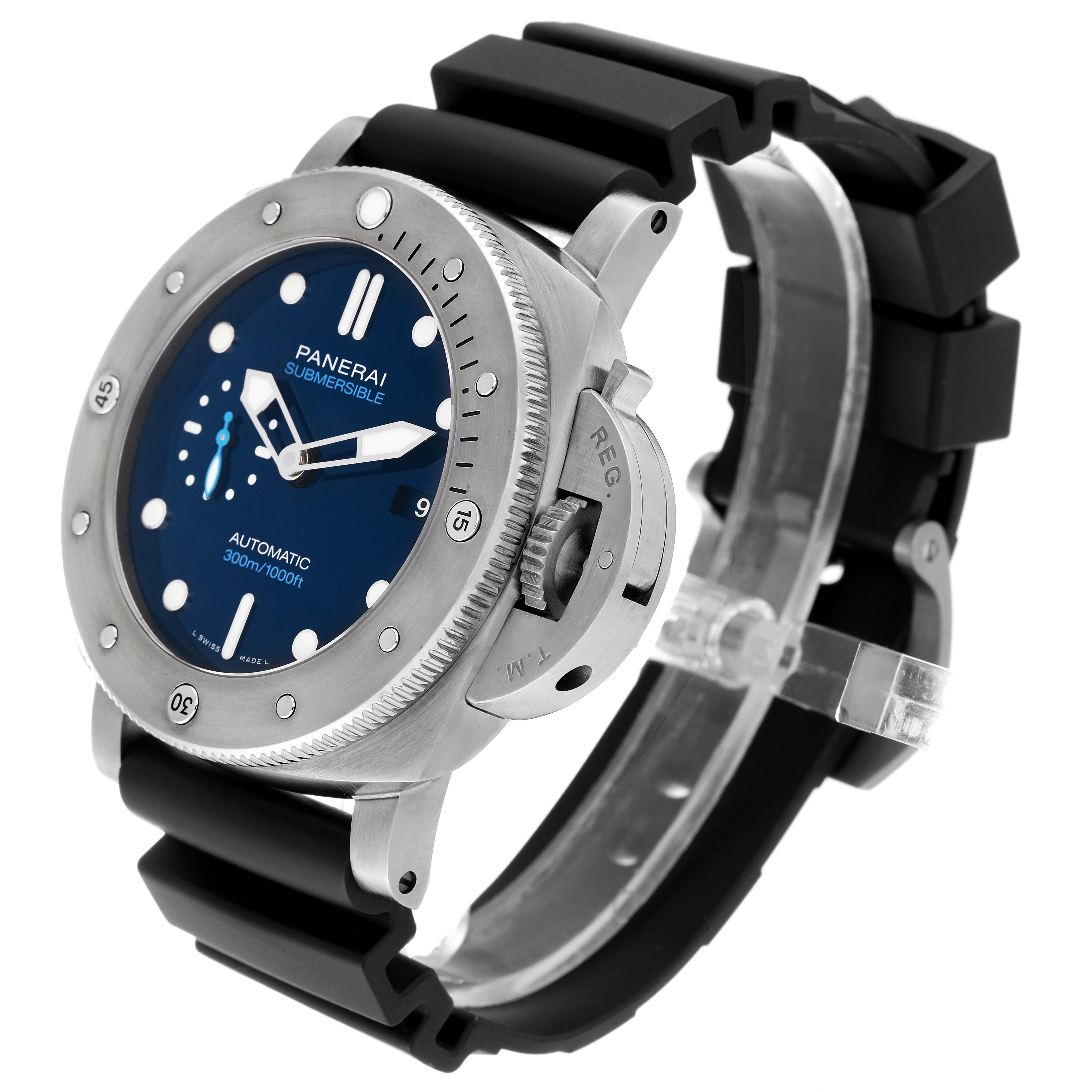 The Panerai Submersible PAM00692 Men
s Ceramic Blue Dial PAM00692 Men
s Ceramic Blue Dial watch is shown at a three-quarter angle, highlighting its face, bezel, and rubber strap.