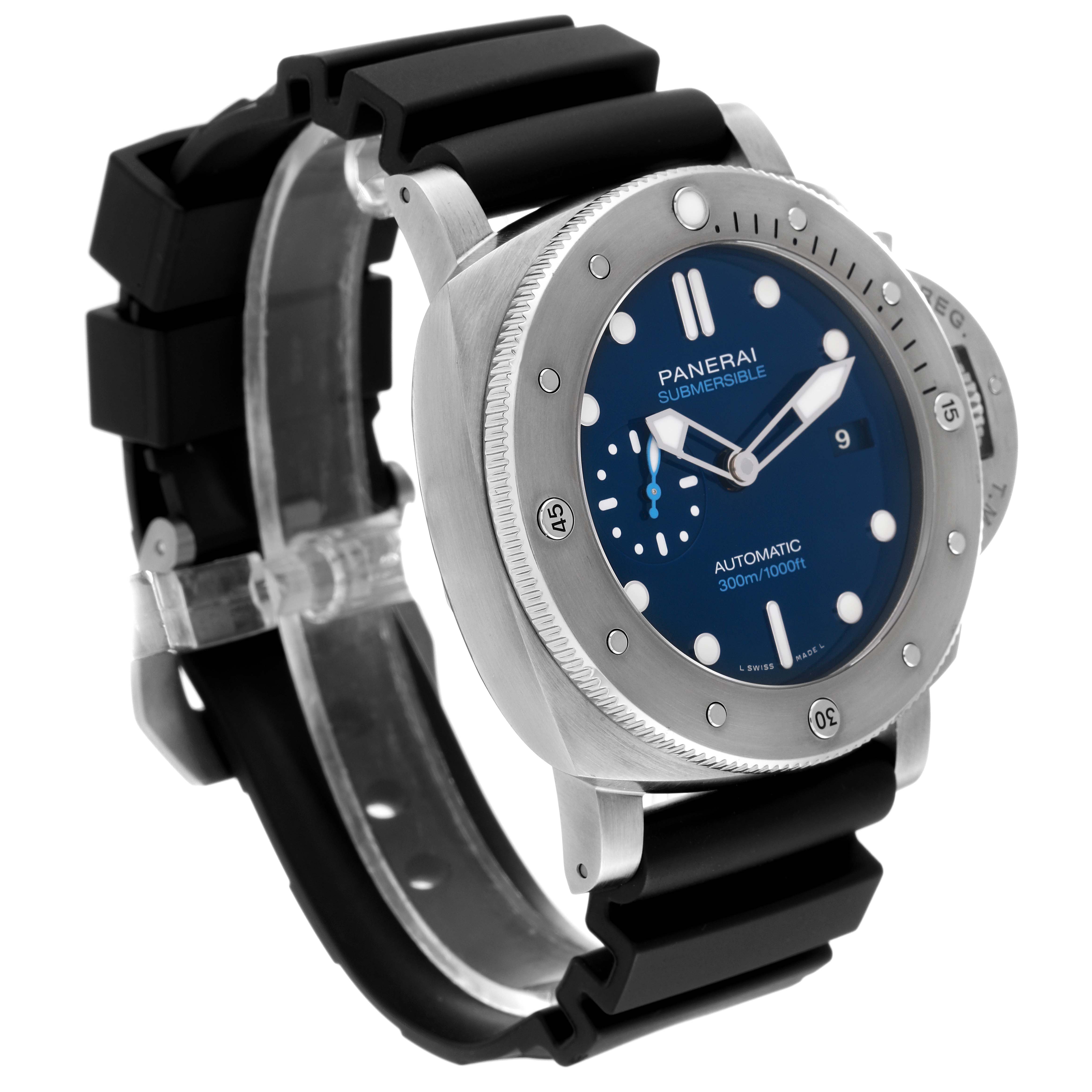 The image shows a Panerai Submersible PAM00692 Men
s Ceramic Blue Dial PAM00692 Men
s Ceramic Blue Dial watch at a slight angle, highlighting the face, bezel, and part of the black rubber strap.