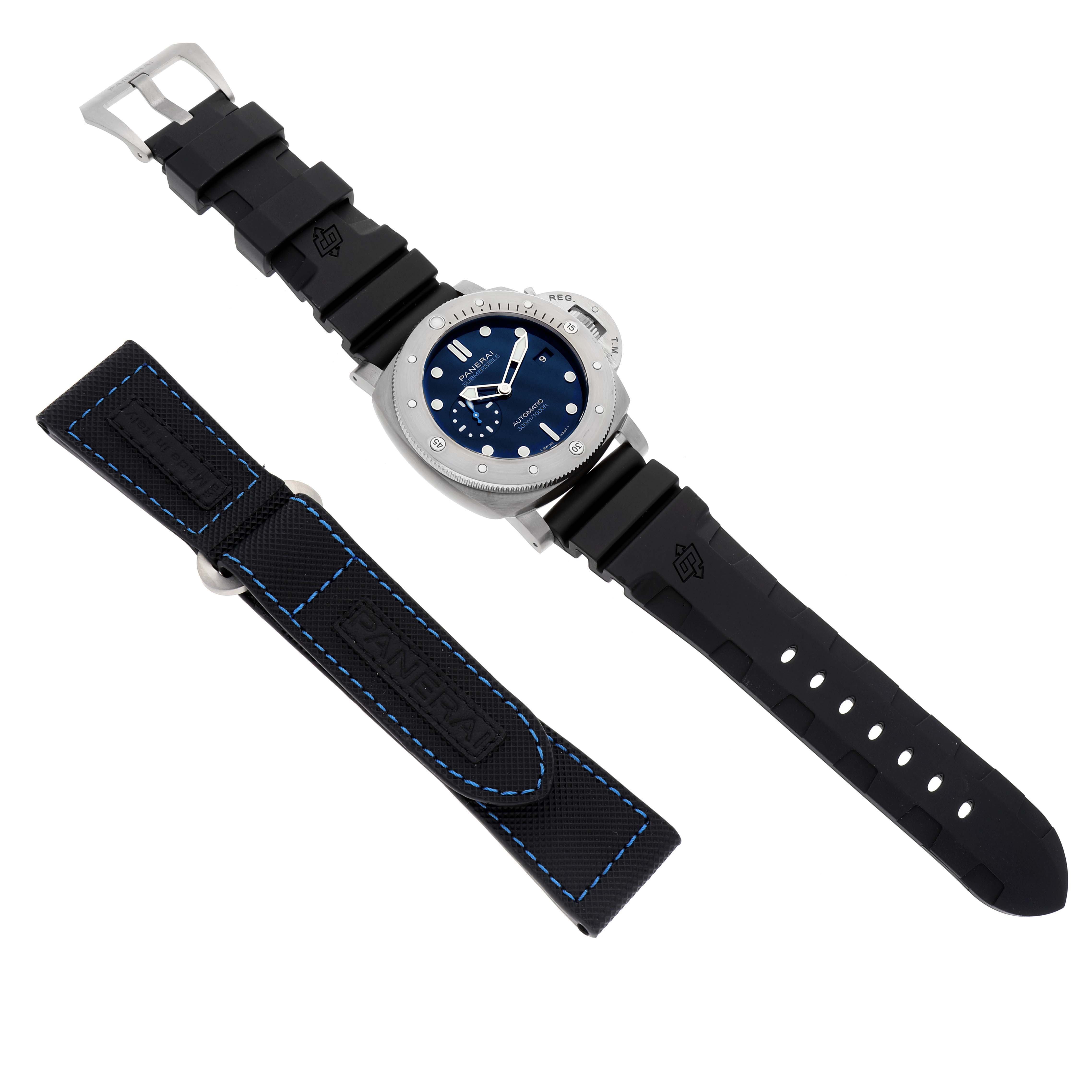 This image features a Panerai Submersible PAM00692 Men
s Ceramic Blue Dial PAM00692 Men
s Ceramic Blue Dial model watch displayed flat with an additional interchangeable strap.