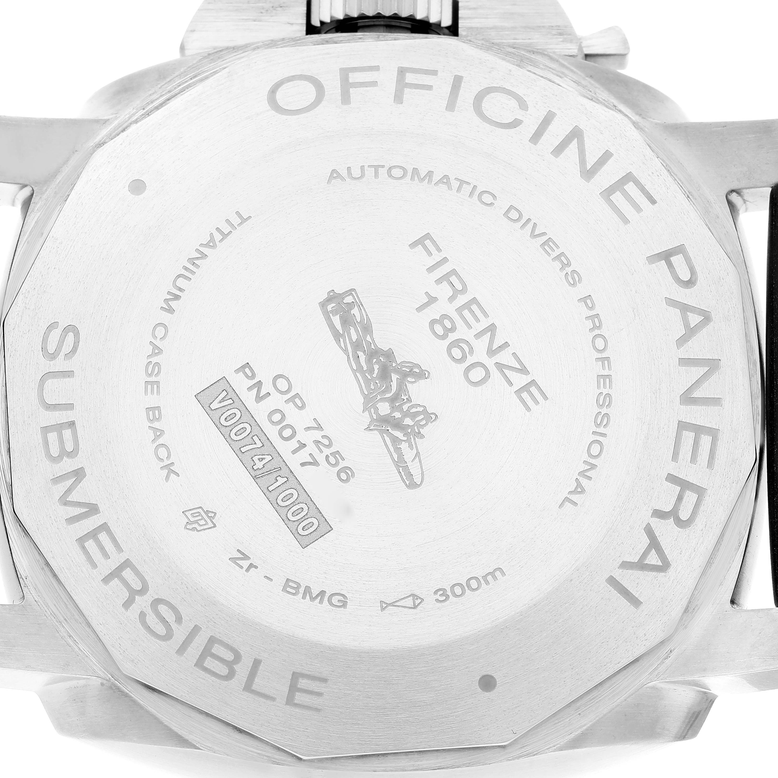 This image shows the case back of a Panerai Submersible PAM00692 Men
s Ceramic Blue Dial PAM00692 Men
s Ceramic Blue Dial watch with detailed engravings.