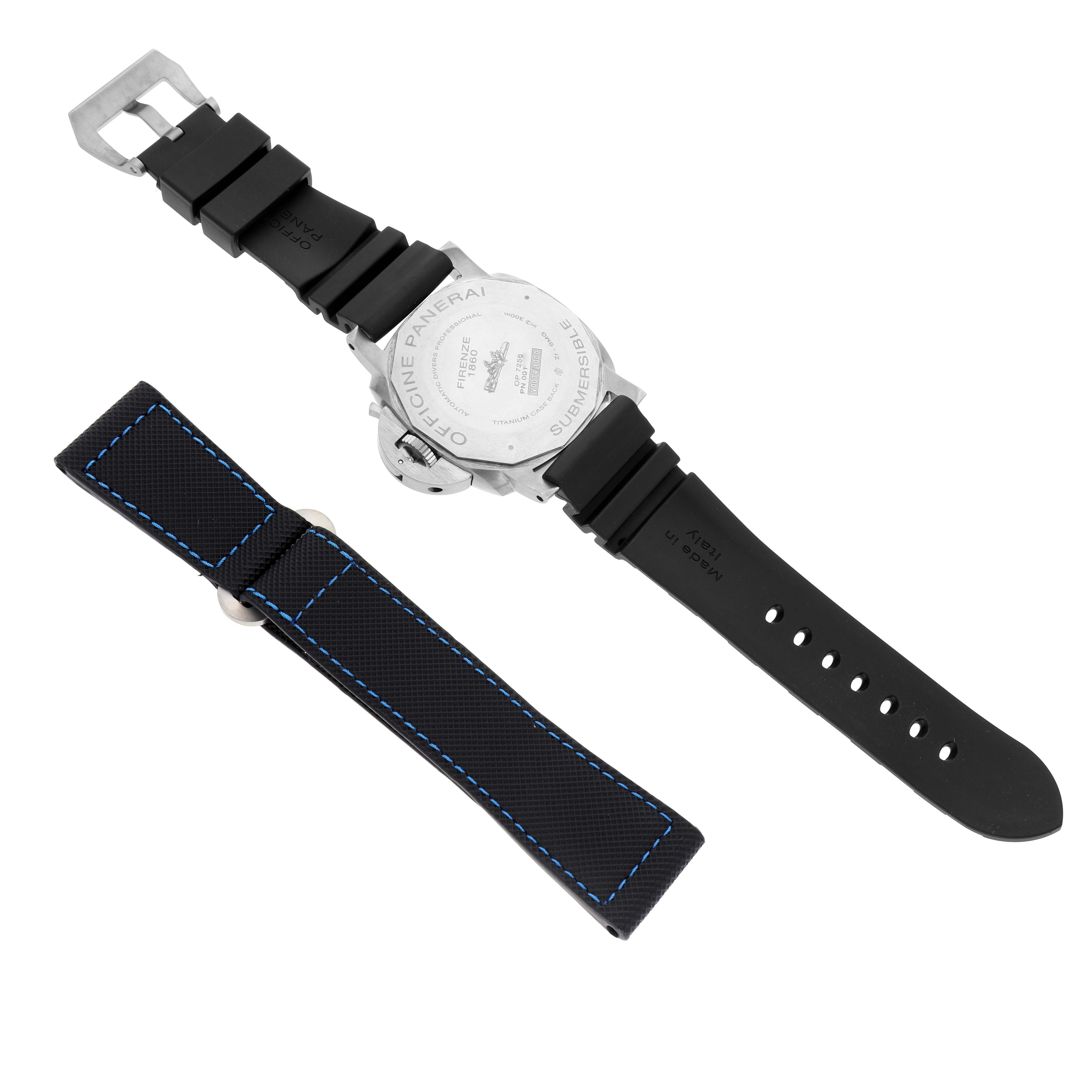 The image shows the back view of a Panerai Submersible PAM00692 Men
s Ceramic Blue Dial PAM00692 Men
s Ceramic Blue Dial watch, highlighting the case back and an additional strap.