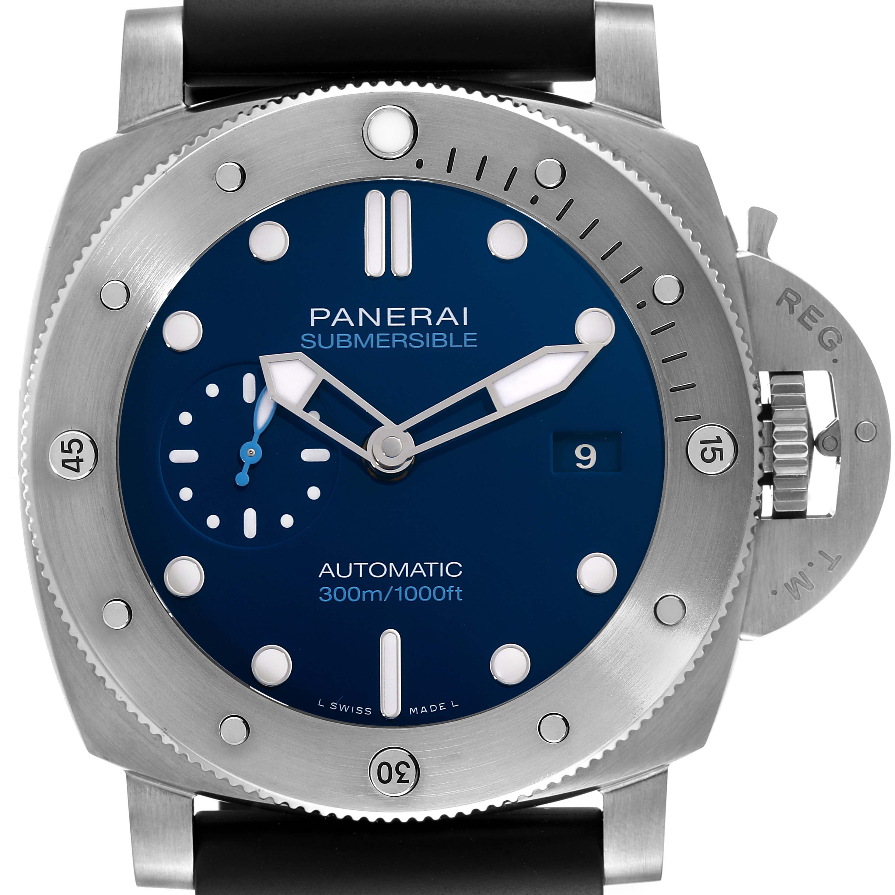 This image shows a front view of the Panerai Submersible PAM00692 Men
s Ceramic Blue Dial PAM00692 Men
s Ceramic Blue Dial watch, highlighting the blue dial, bezel, date display, and crown guard.