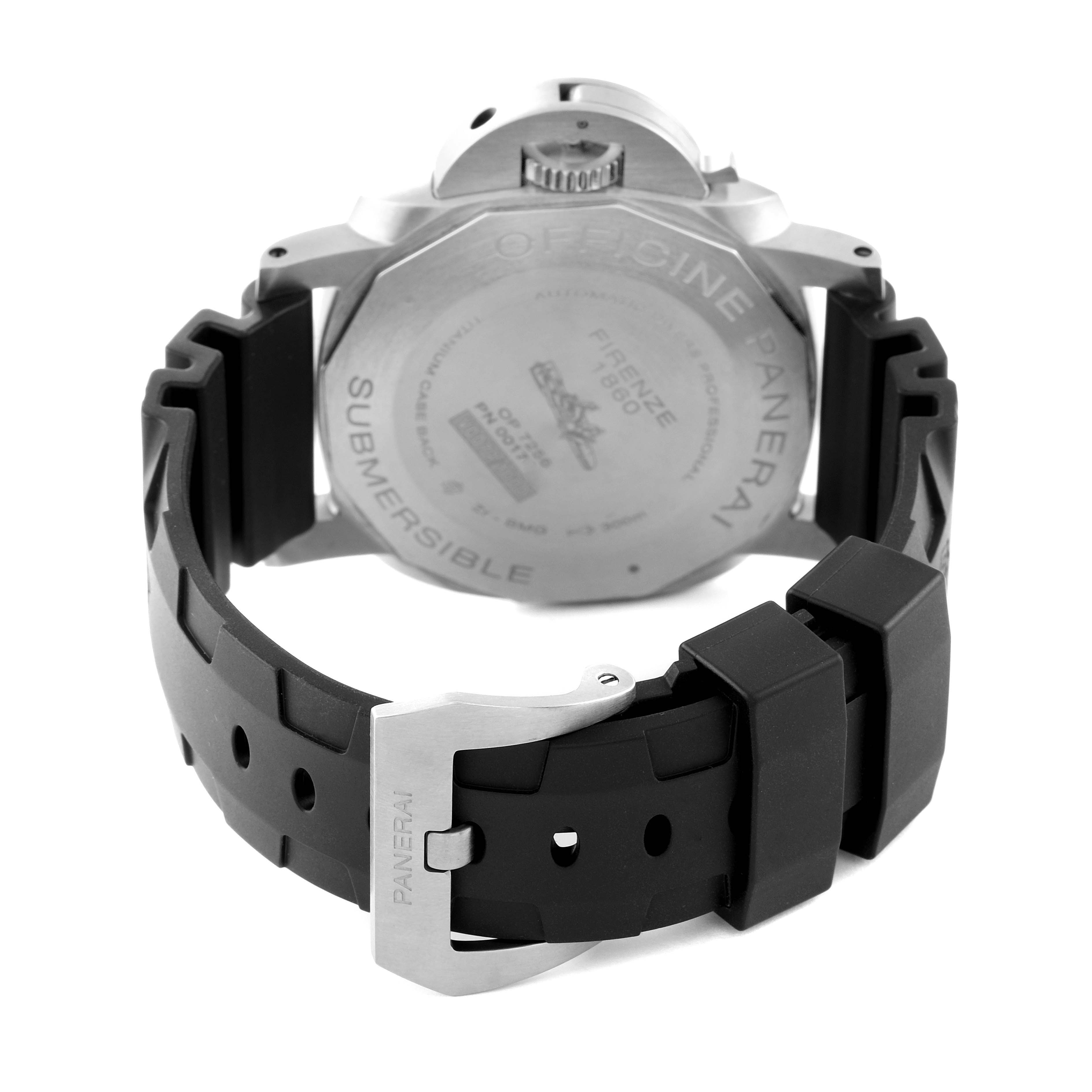 The image shows the back of a Panerai Submersible PAM00692 Men
s Ceramic Blue Dial PAM00692 Men
s Ceramic Blue Dial watch, highlighting its case back, crown, and rubber strap with buckle.