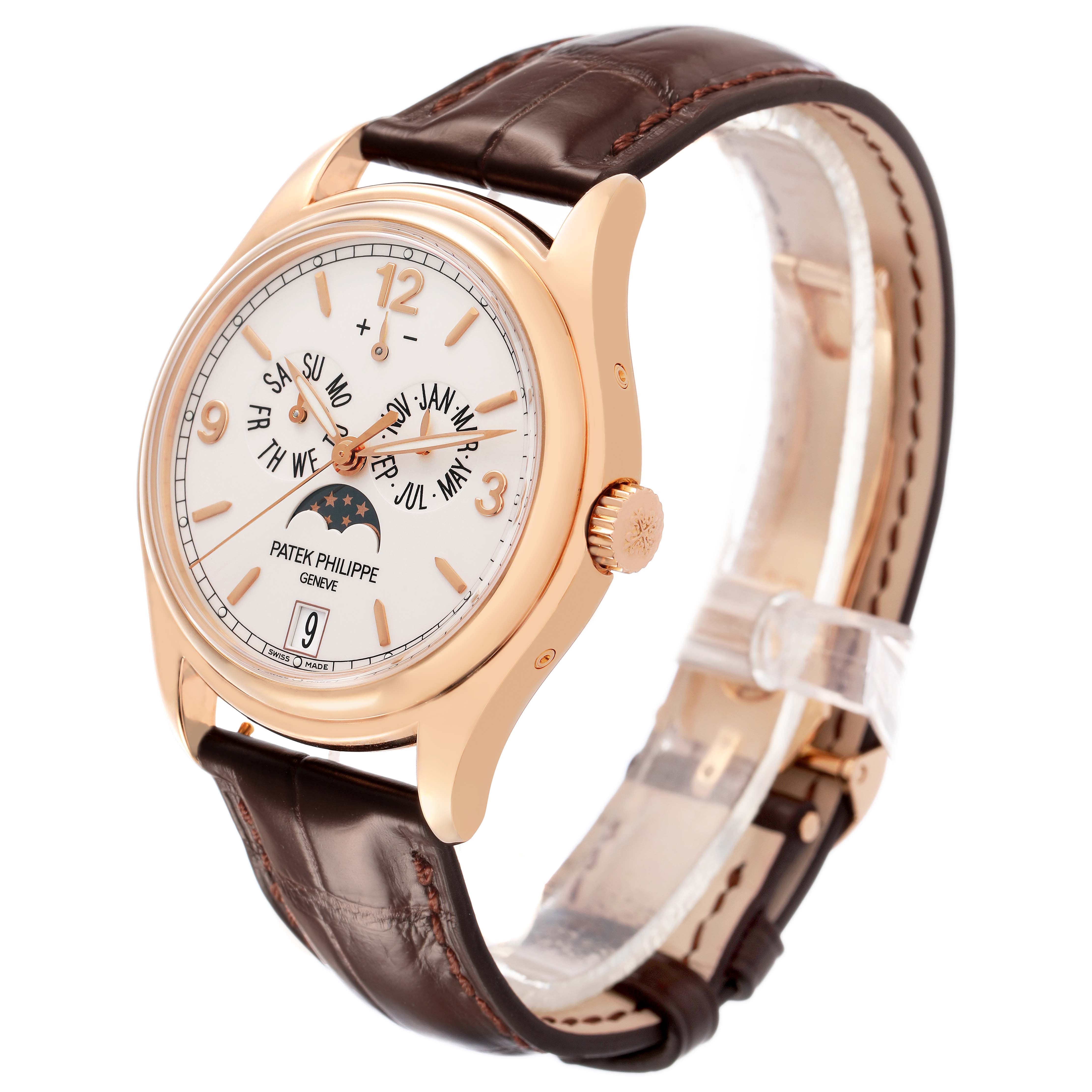 The Patek Philippe Complications 5146R-001 Men's Rose Gold White Dial watch is shown at a three-quarter angle, highlighting the dial, case, crown, and leather strap.