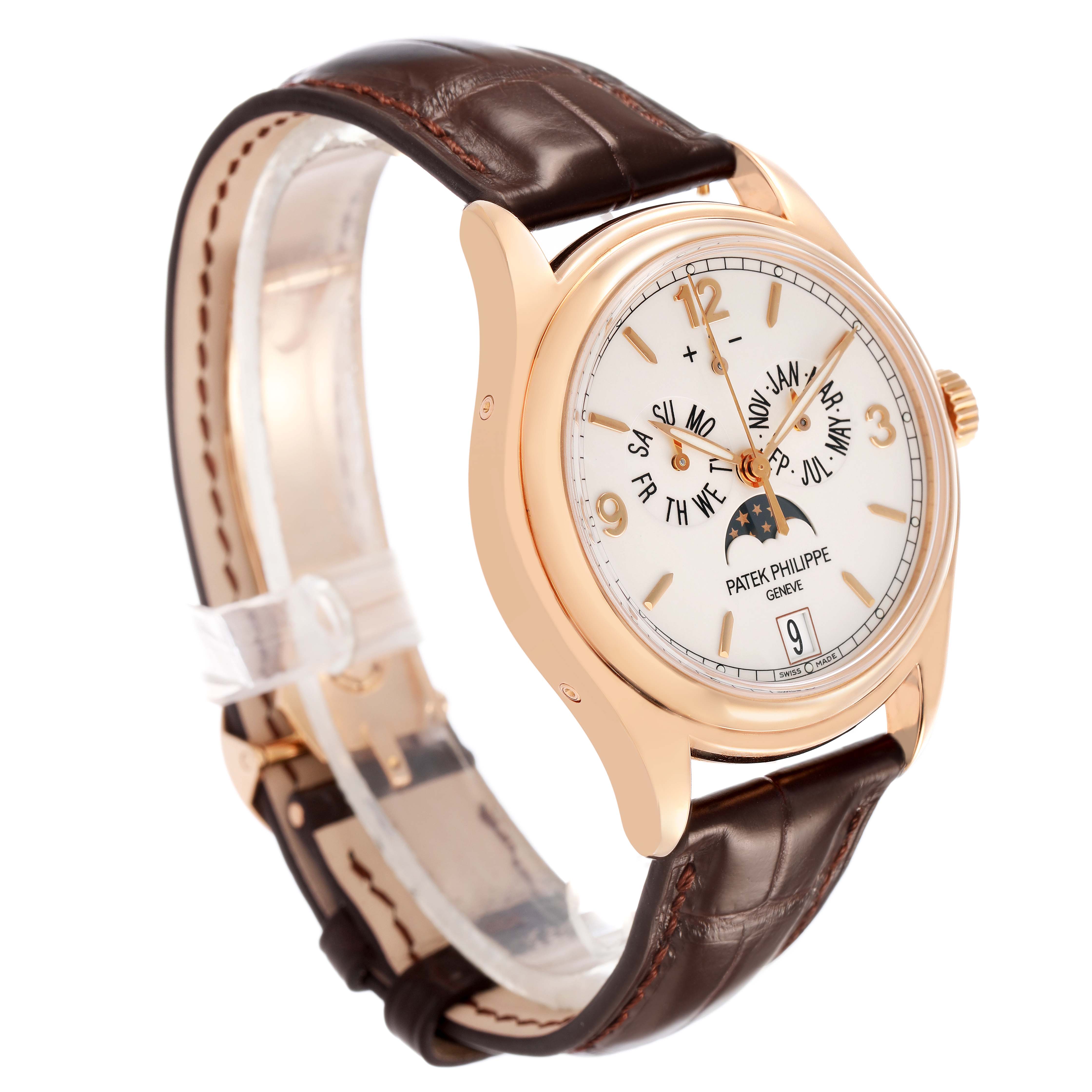 The Patek Philippe Complications 5146R-001 Men's Rose Gold White Dial watch is shown at a three-quarter angle, highlighting the watch face, case, and brown leather strap.