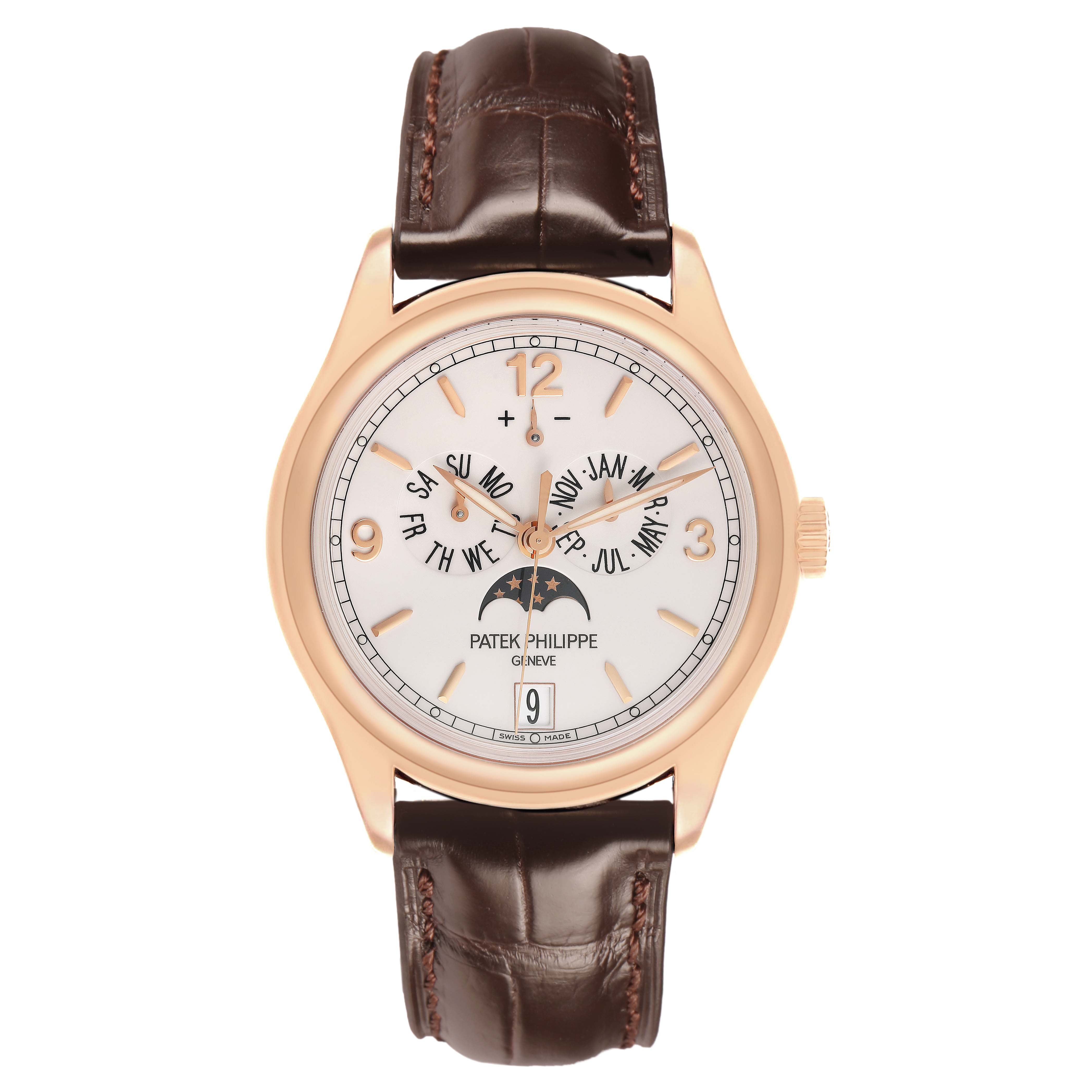 The Patek Philippe Complications 5146R-001 Men's Rose Gold White Dial watch is shown from a front angle, highlighting the dial, bezel, and leather strap.