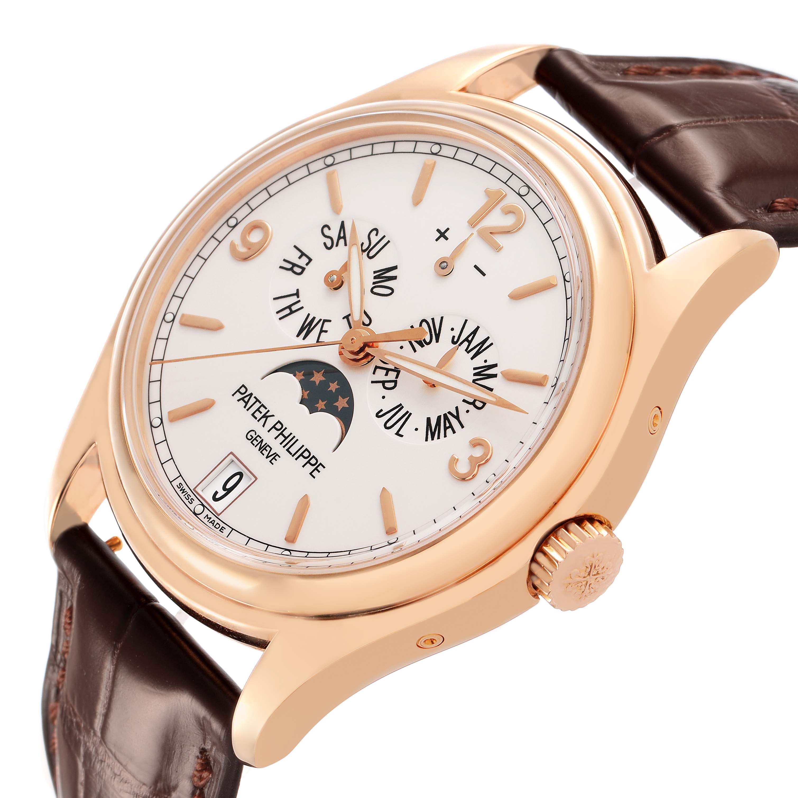 This Patek Philippe Complications 5146R-001 Men's Rose Gold White Dial watch is shown from a front-side angle, displaying its dial, crown, and brown leather strap.