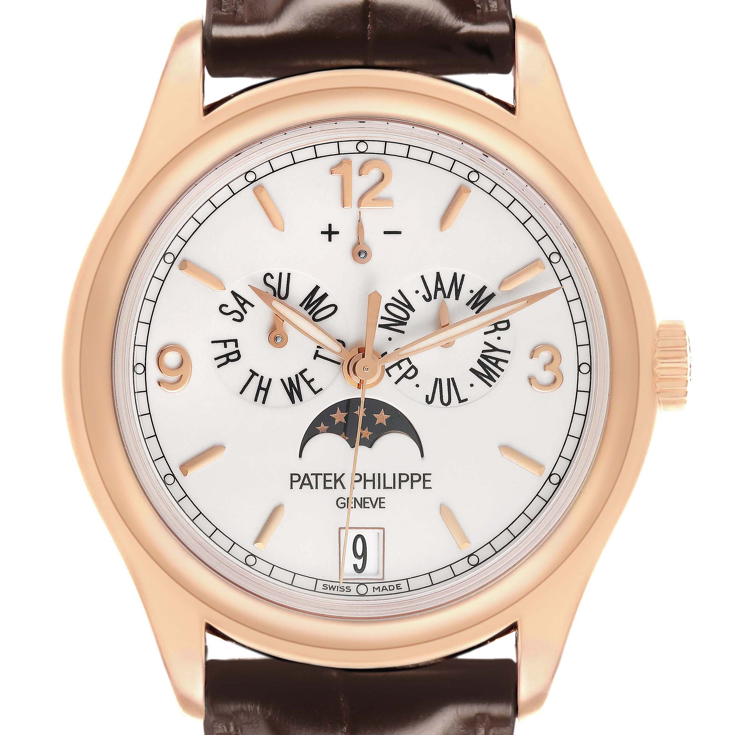 The Patek Philippe Complications 5146R-001 Mens Rose Gold White Dial watch is shown from the front, displaying the dial, hands, subdials, and moon phase.
