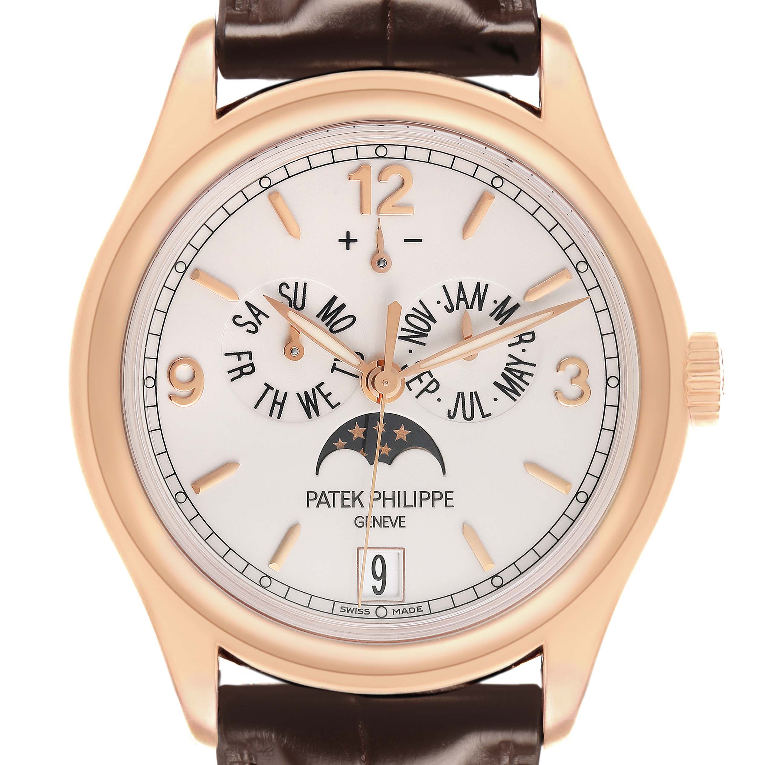 The Patek Philippe Complications 5146R-001 Men's Rose Gold White Dial watch is shown from the front, displaying the dial, hands, calendar displays, and moon phase.