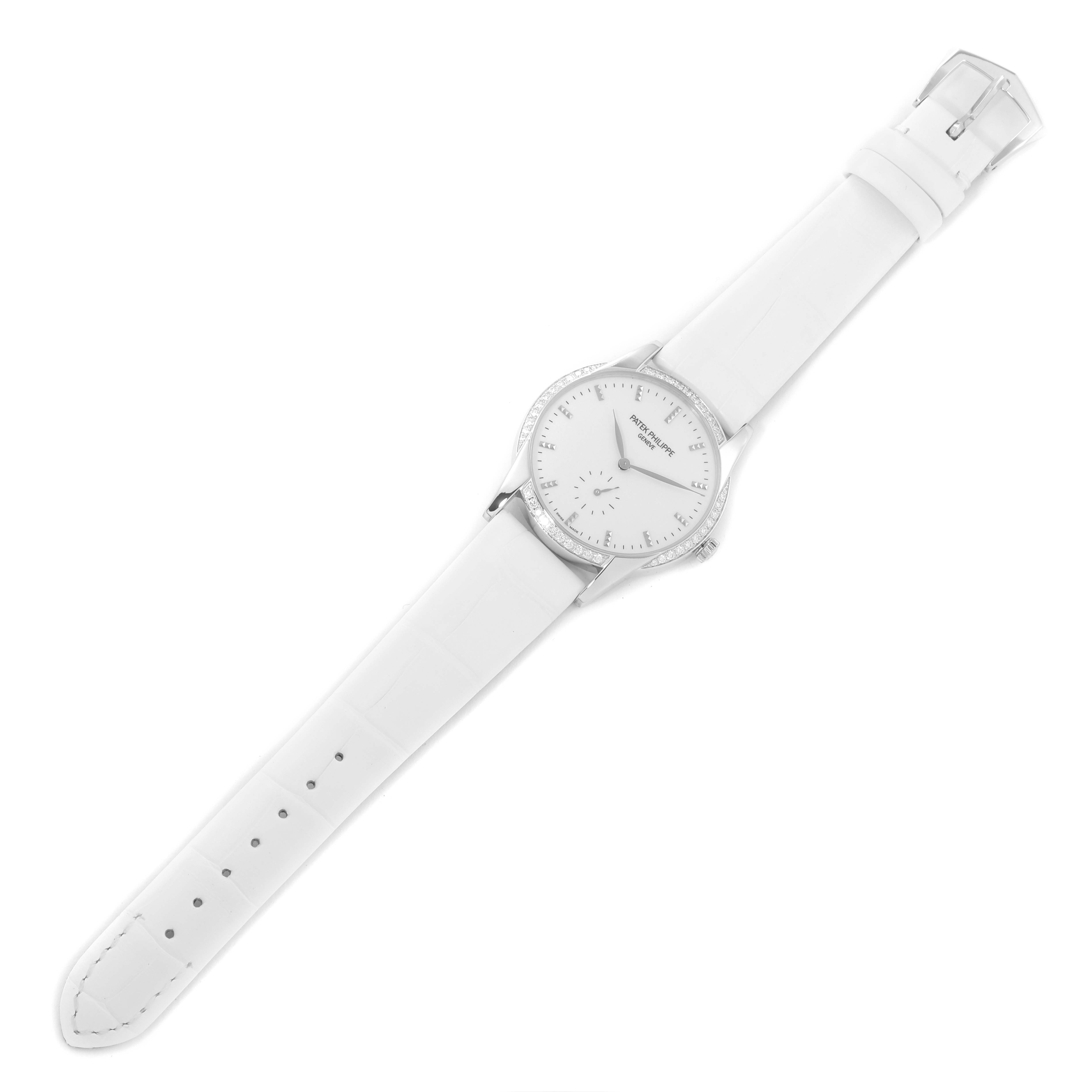 This image shows a top-down view of a Patek Philippe Calatrava 7122/200G Women's White Gold White Dial 7122/200G Women's White Gold White Dial watch, displaying the white dial, bezel, and strap.