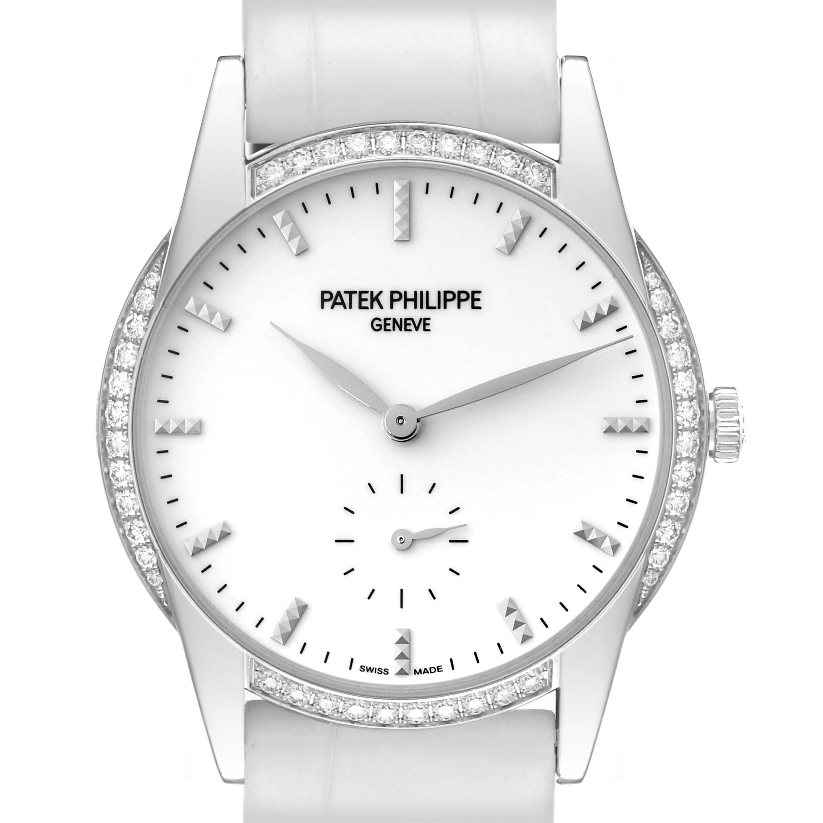 The image shows a front view of the Patek Philippe Calatrava 7122/200G Women's White Gold White Dial 7122/200G Women's White Gold White Dial, featuring its dial, diamond bezel, and part of the strap.