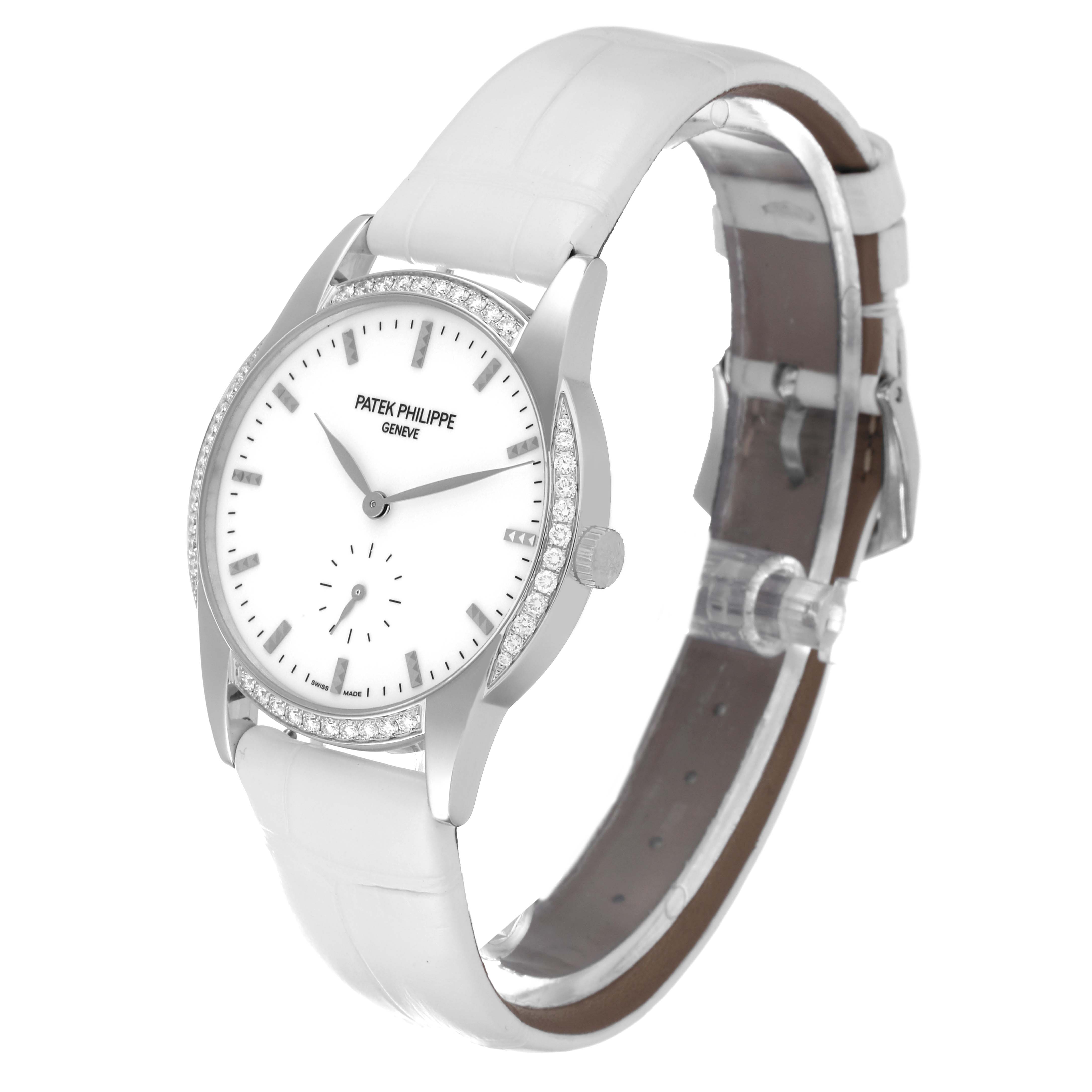 This image shows a Patek Philippe Calatrava 7122/200G Women's White Gold White Dial 7122/200G Women's White Gold White Dial watch from a front angle highlighting the face, bezel, and leather strap.