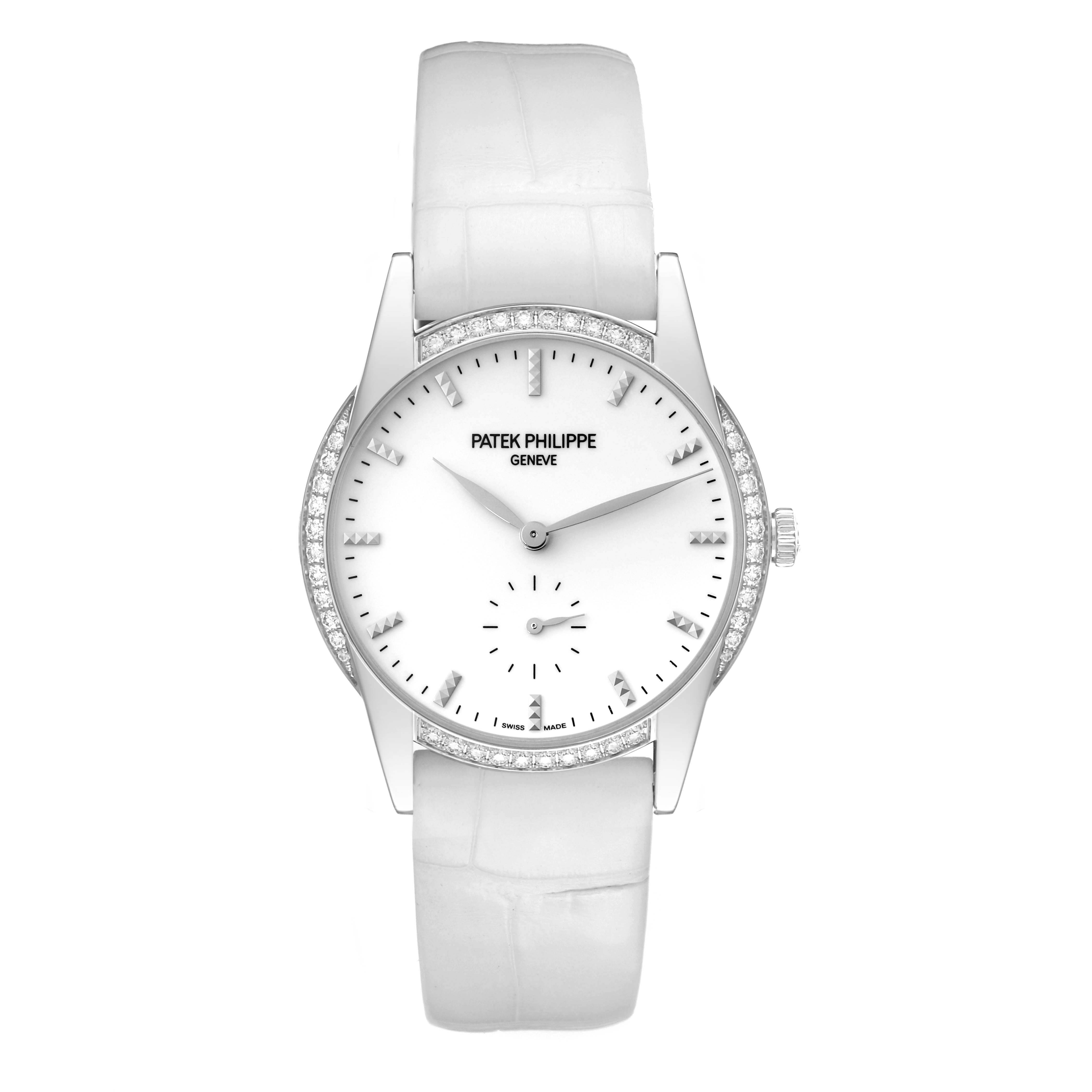 The image shows a front view of a Patek Philippe Calatrava 7122/200G Women's White Gold White Dial 7122/200G Women's White Gold White Dial watch with a white strap, white dial, and diamond bezel.