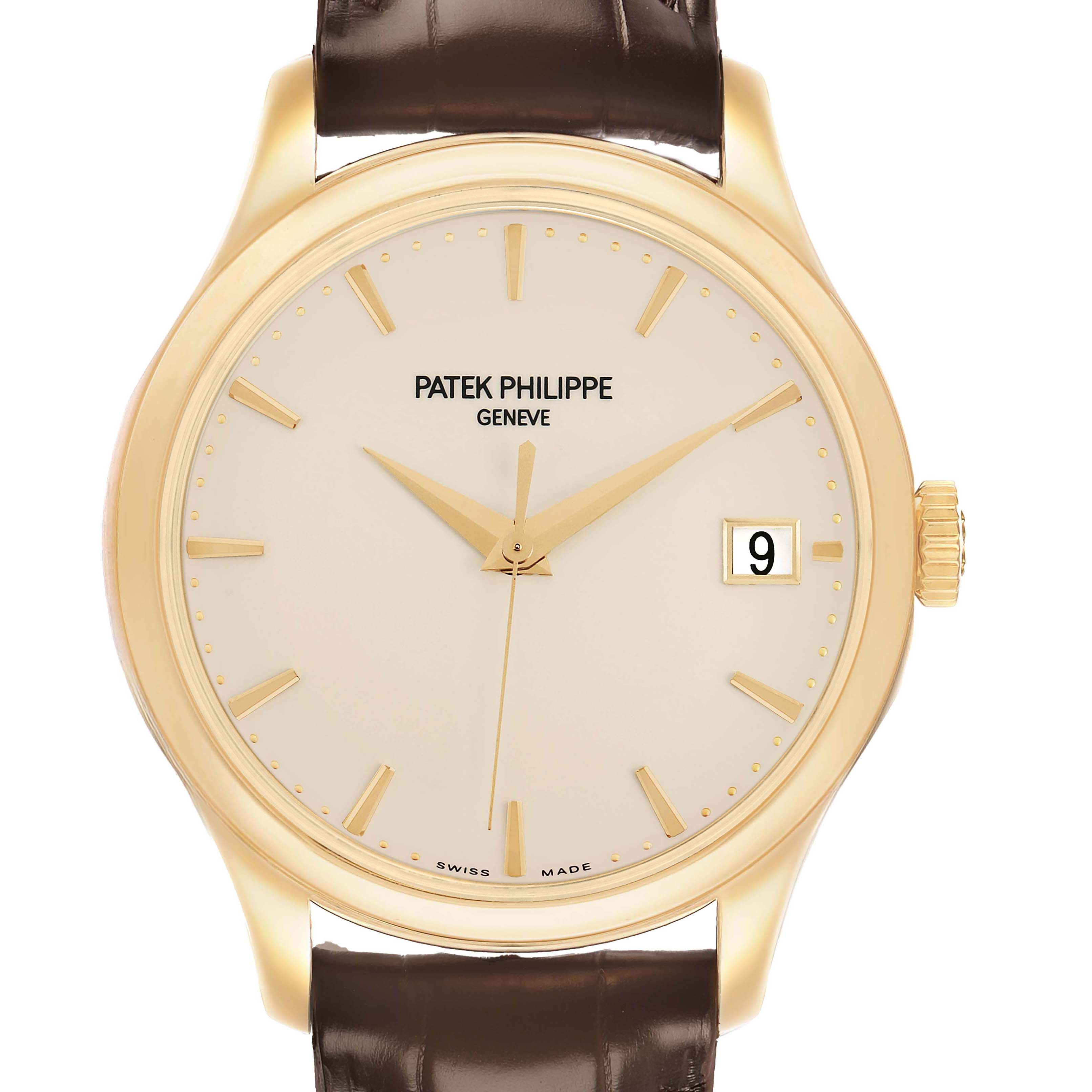 The Patek Philippe Calatrava 5227J Mens Yellow Gold White Dial watch is shown from the front, displaying the dial, hour markers, hands, and date window.