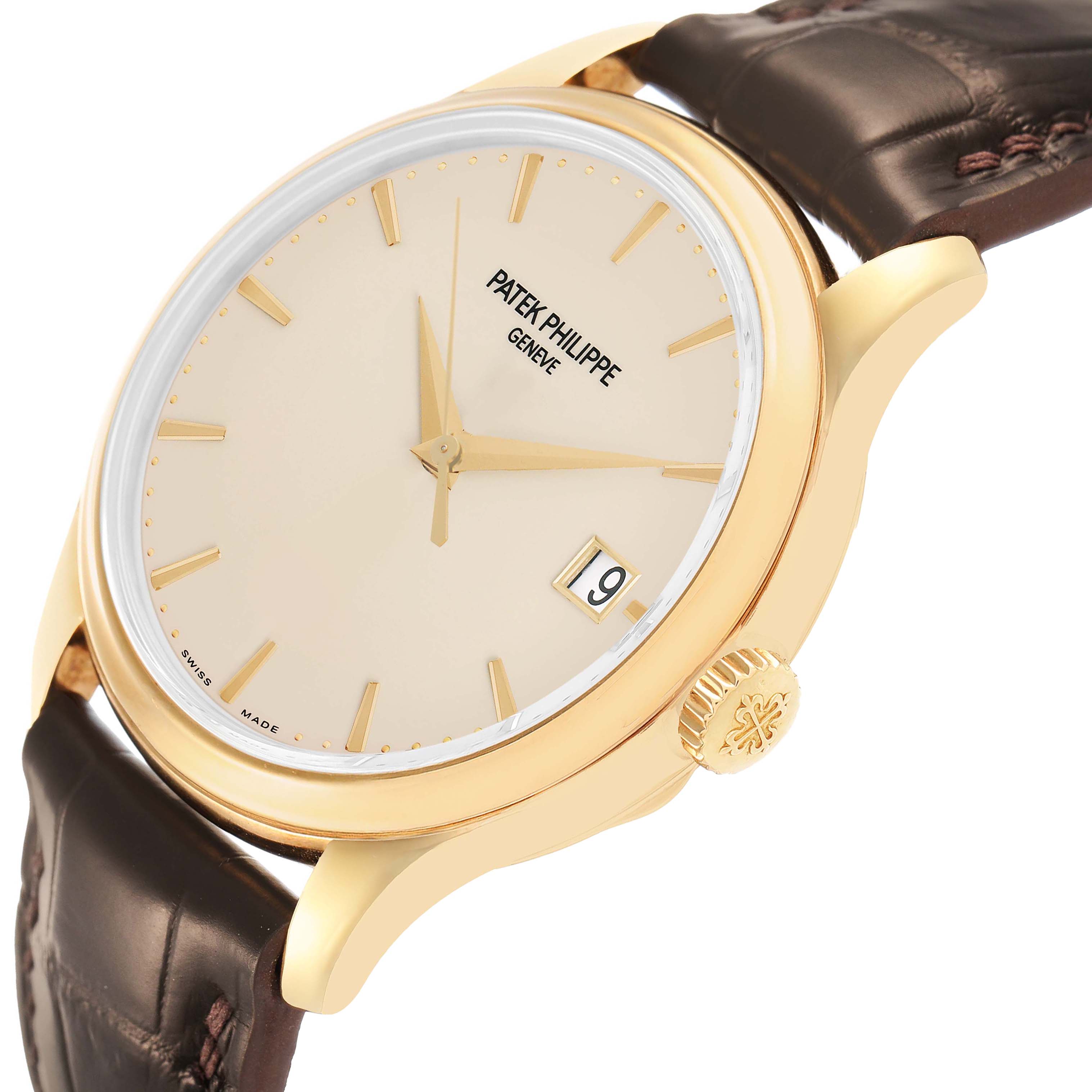 The Patek Philippe Calatrava 5227J Men's Yellow Gold White Dial watch is shown at a slight angle, highlighting the dial, golden case, crown, and brown leather strap.