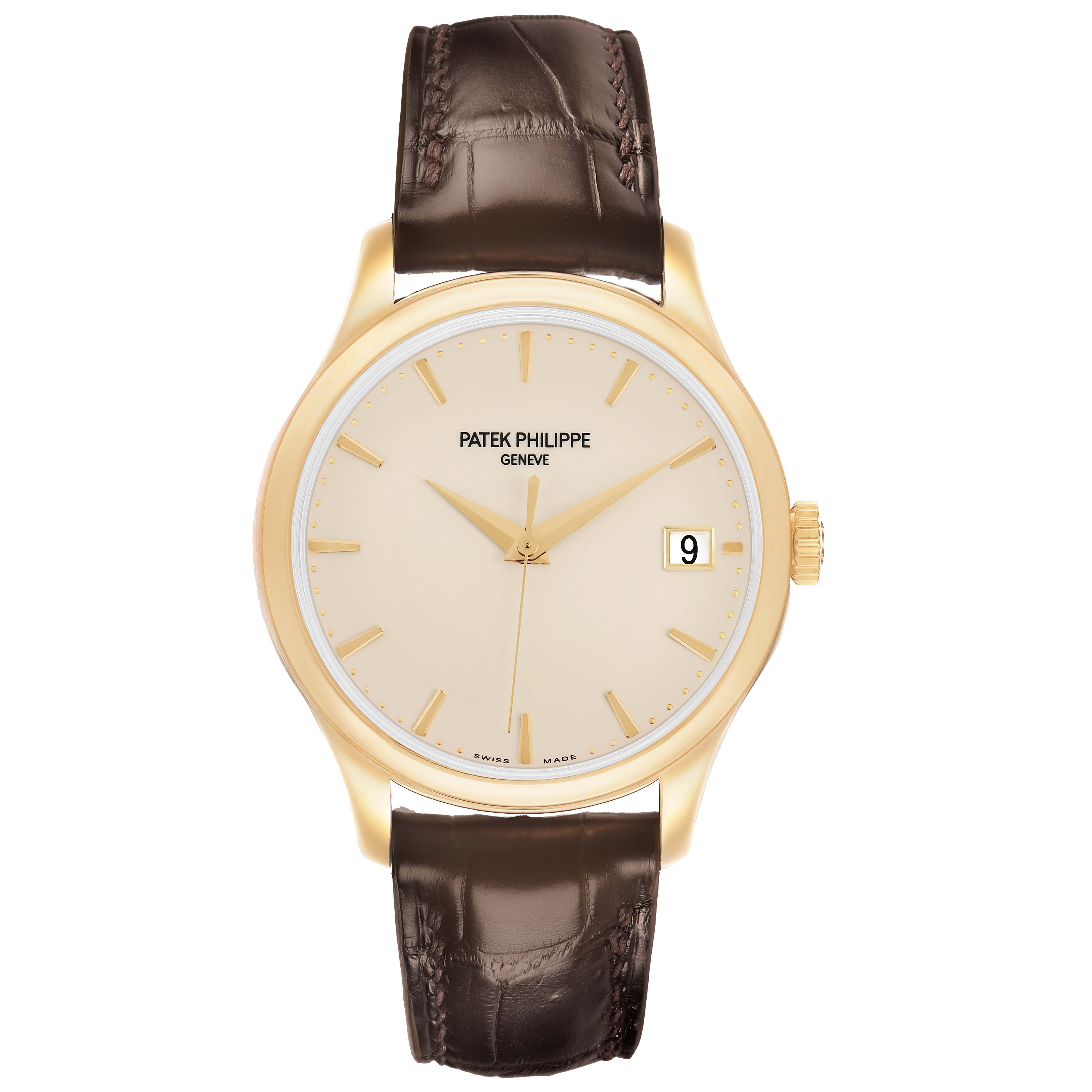 The Patek Philippe Calatrava 5227J Men's Yellow Gold White Dial watch is shown from a front angle, displaying the dial, hands, case, and part of the leather strap.
