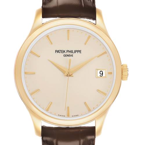 The Patek Philippe Calatrava 5227J Men's Yellow Gold White Dial watch is shown from the front, displaying its face, hands, date window, and part of the strap.