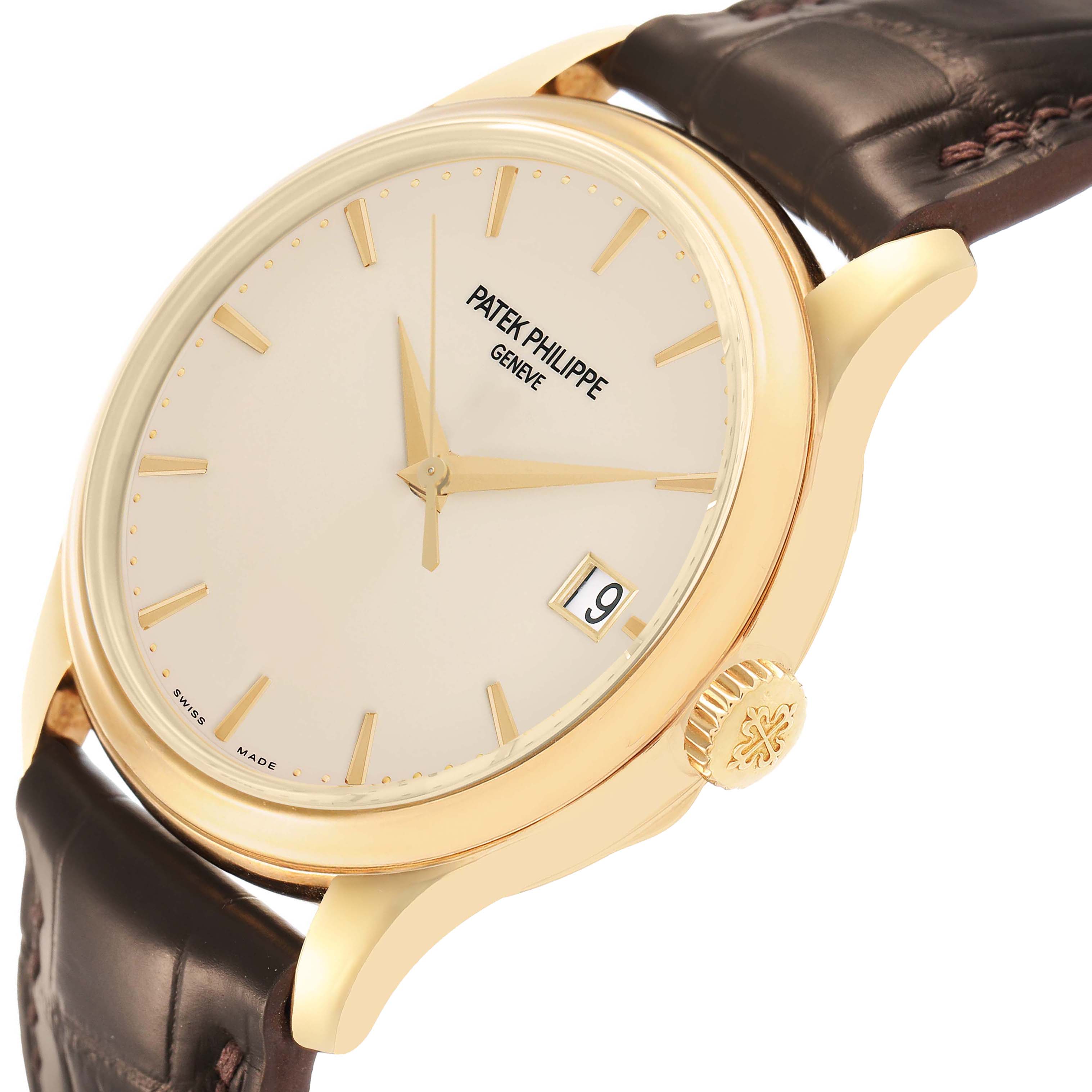 The image shows a Patek Philippe Calatrava 5227J Mens Yellow Gold White Dial watch from a side angle, highlighting the dial, crown, bezel, and strap.