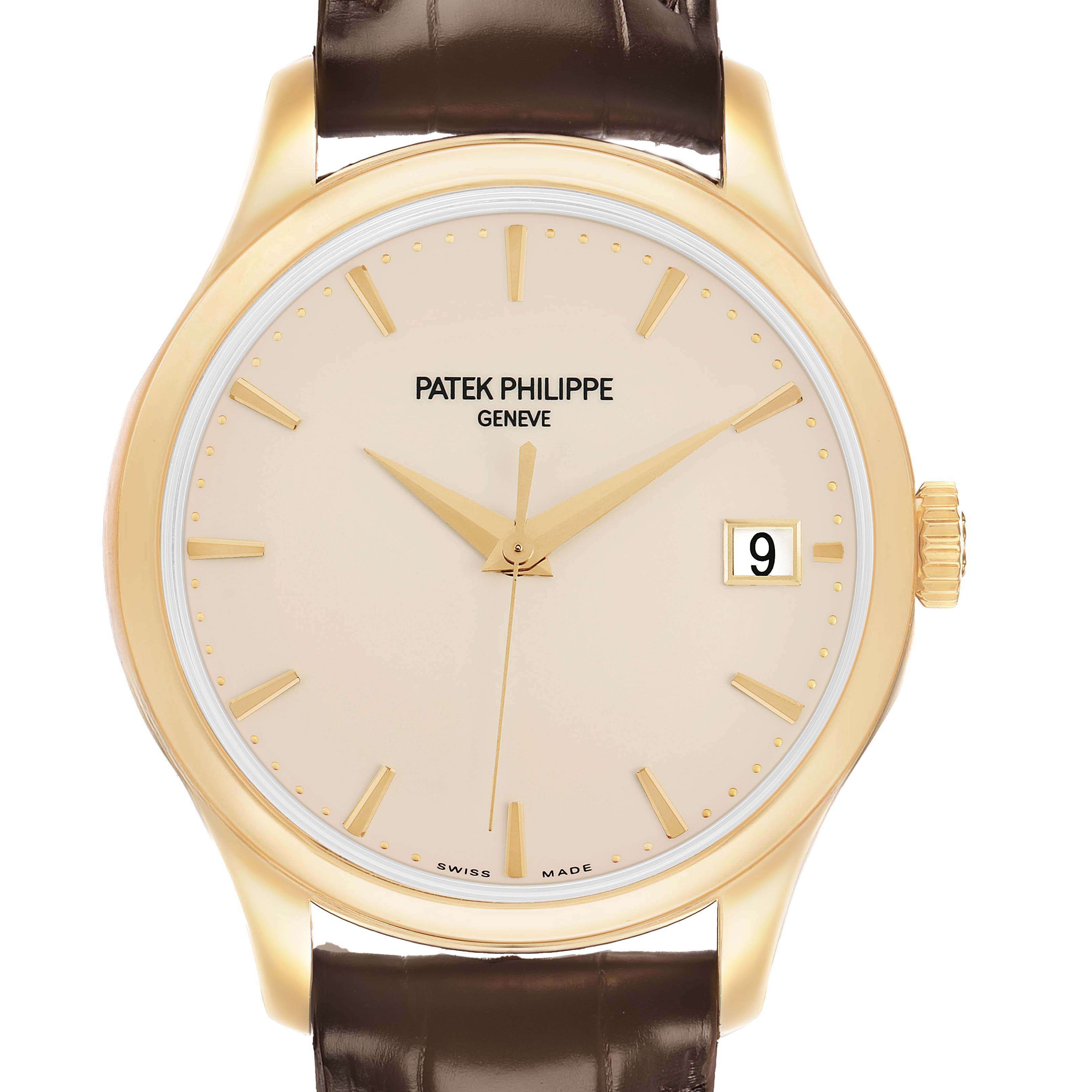 The Patek Philippe Calatrava 5227J Men's Yellow Gold White Dial watch is shown from the front, highlighting the dial, hands, date, and part of the leather strap.