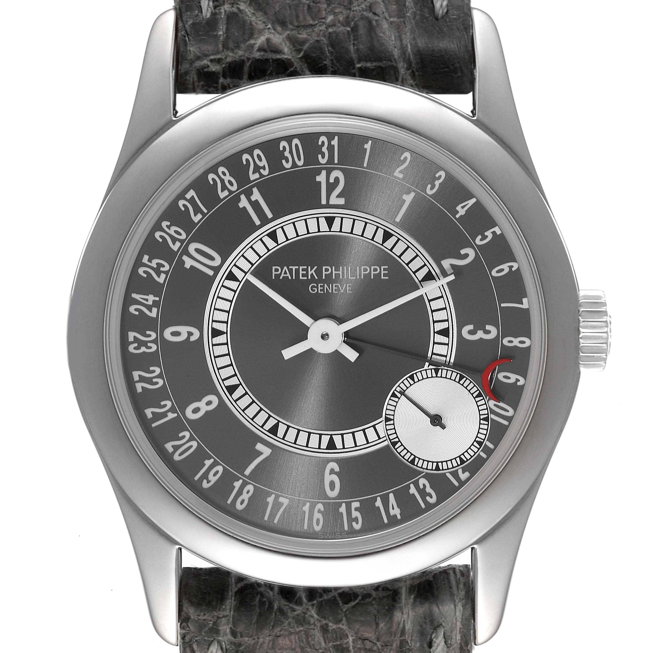 The image shows a front view of a Patek Philippe Calatrava 6000G Men's White Gold Grey Dial 6000G Men's White Gold Grey Dial watch, highlighting its dial, hands, and leather strap.