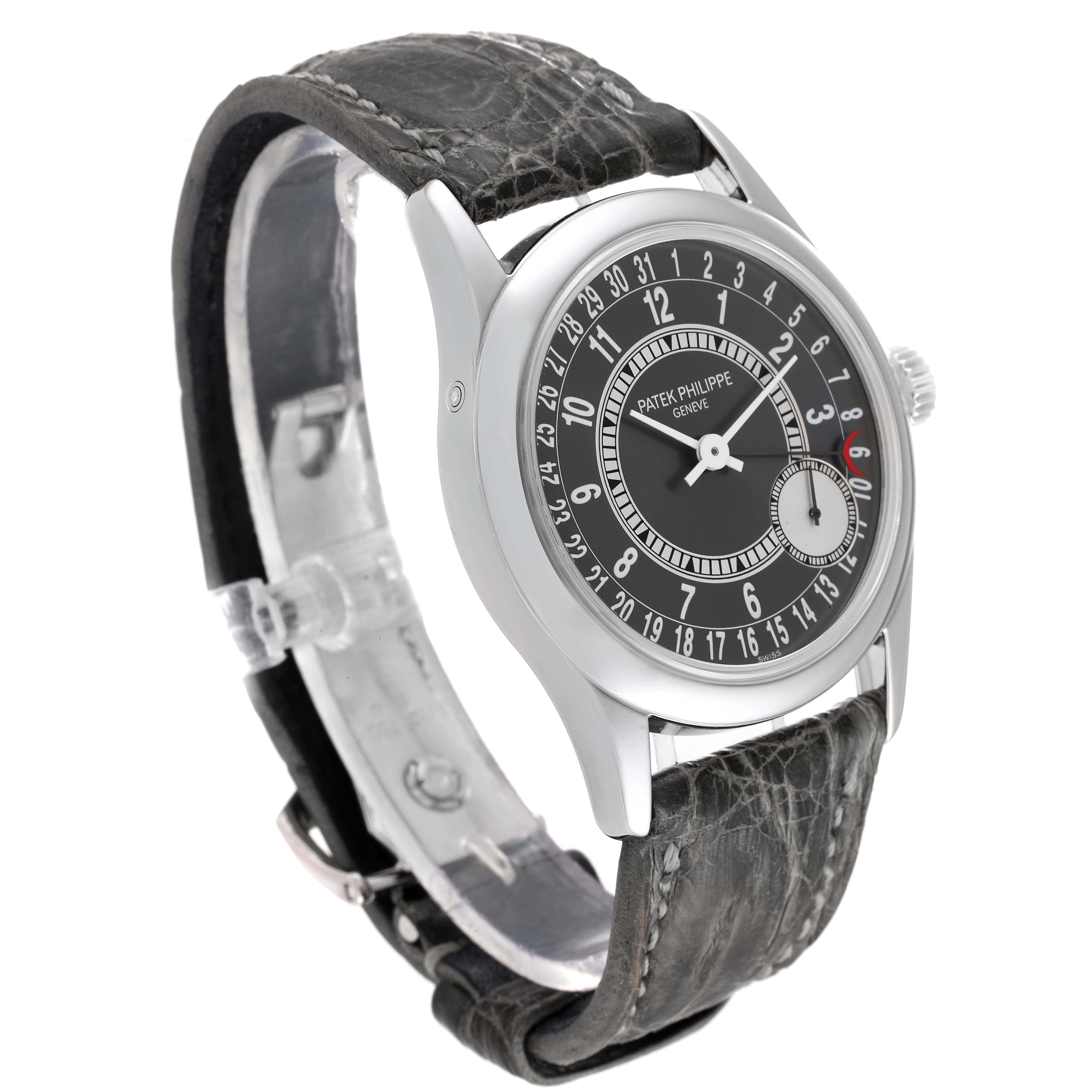 The image shows a Patek Philippe Calatrava 6000G Men's White Gold Grey Dial 6000G Men's White Gold Grey Dial watch from an angled side view, highlighting the watch face, case, and leather strap.