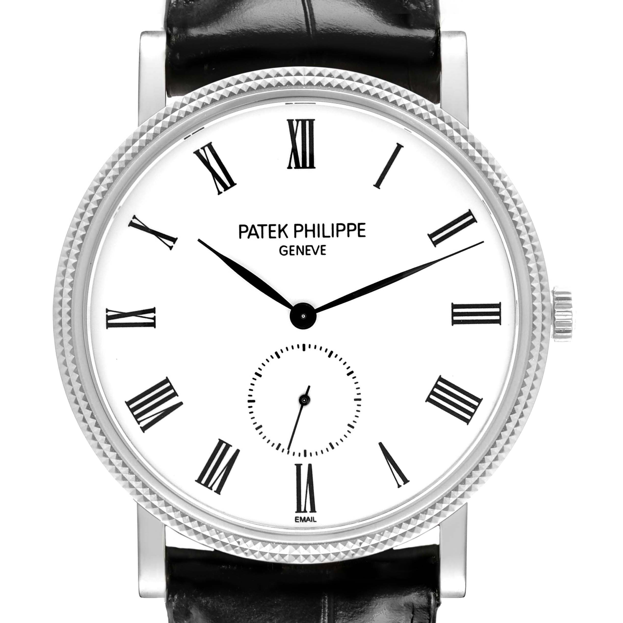 The Patek Philippe Calatrava 5116G Men's White Gold White Dial watch is shown from a front view, highlighting the dial, hands, and Roman numerals.