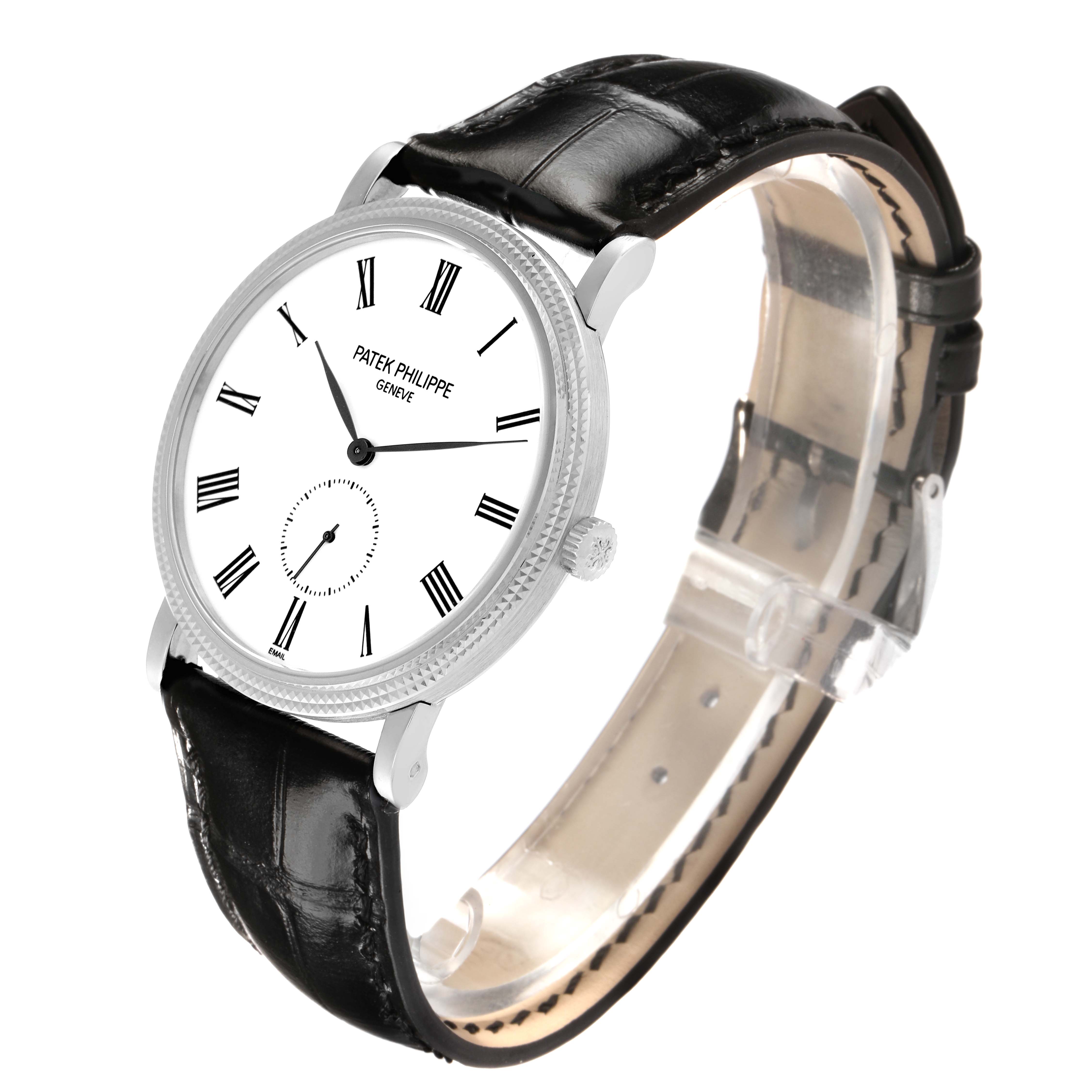 The Patek Philippe Calatrava 5116G Men's White Gold White Dial watch is shown at a three-quarter angle, displaying the face, case, crown, and strap.