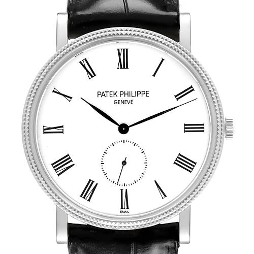 The Patek Philippe Calatrava 5116G Men's White Gold White Dial watch is shown from a front angle, highlighting the white dial, Roman numerals, and black leather strap.