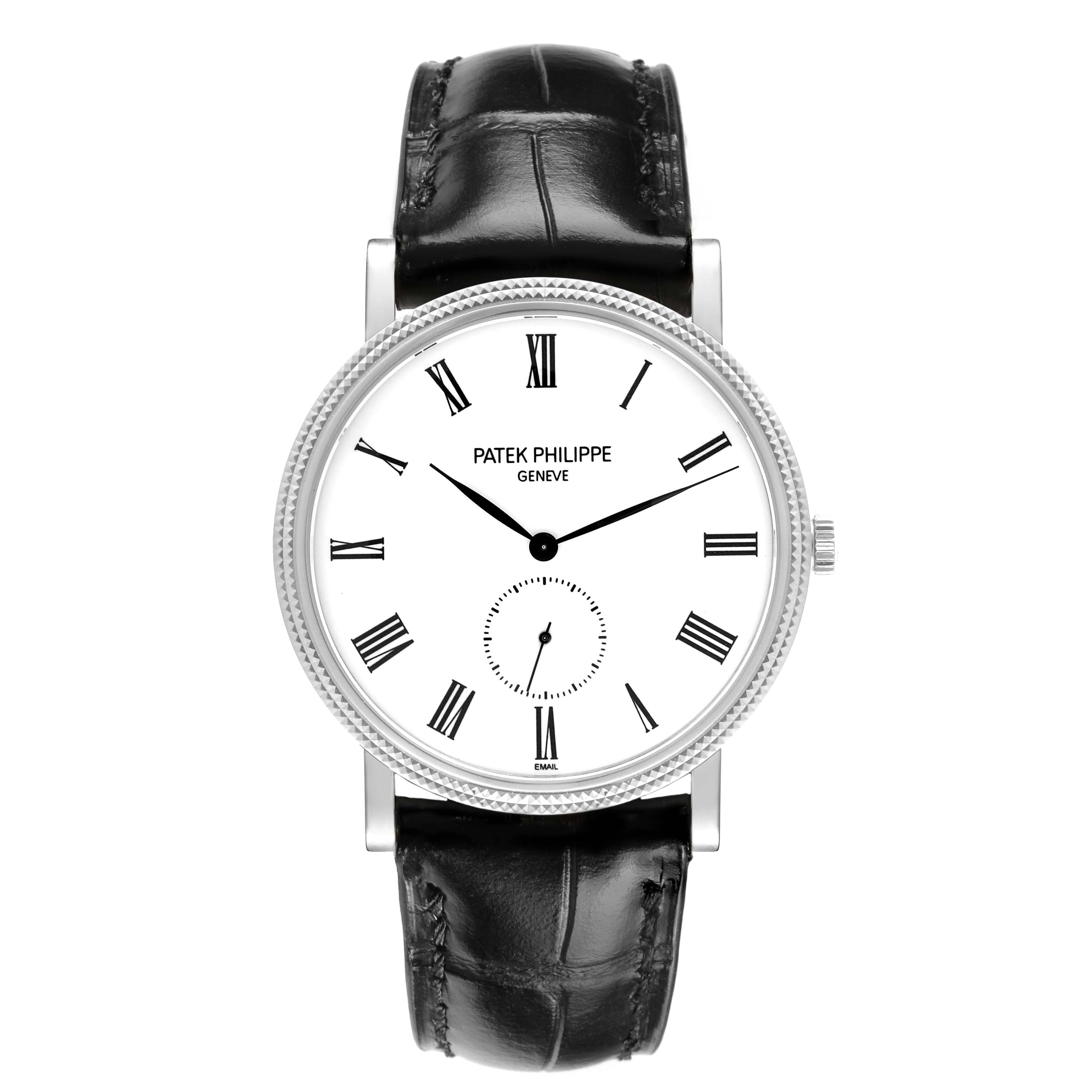 The image shows a front view of a Patek Philippe Calatrava 5116G Men's White Gold White Dial watch, displaying its round face, Roman numerals, and black leather strap.