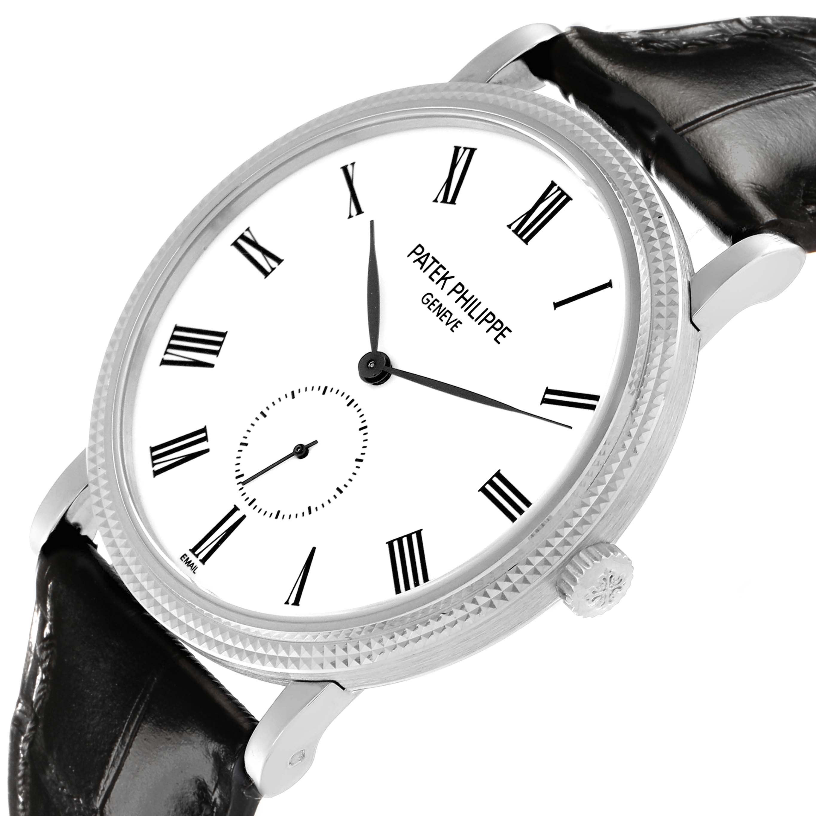 The Patek Philippe Calatrava 5116G Men's White Gold White Dial watch is shown at a slight angle, displaying the dial, Roman numerals, bezel, crown, and part of the strap.