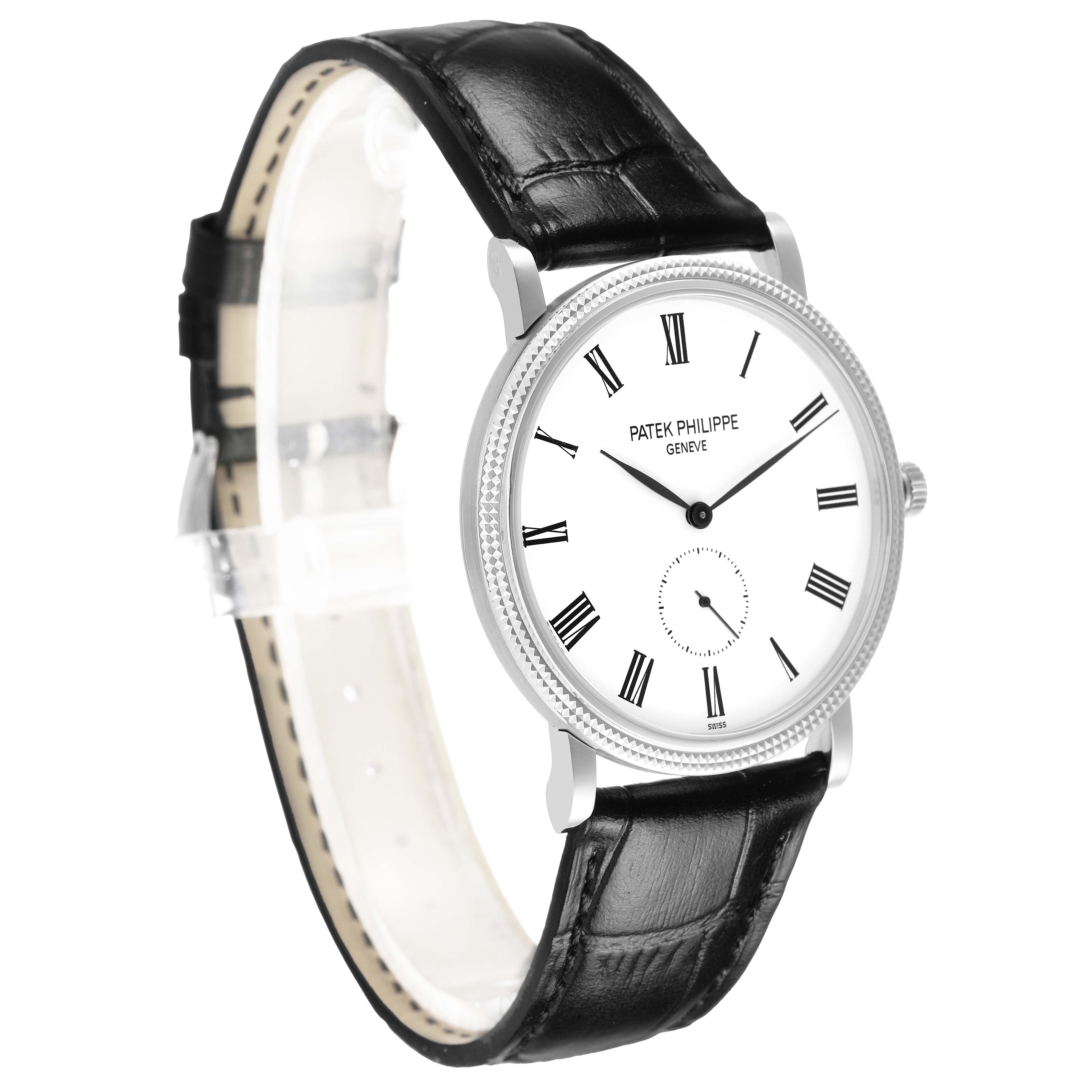 The Patek Philippe Calatrava 5119G-001 Men's White Gold White Dial watch is shown at a three-quarter angle, highlighting the face, bezel, and leather strap.