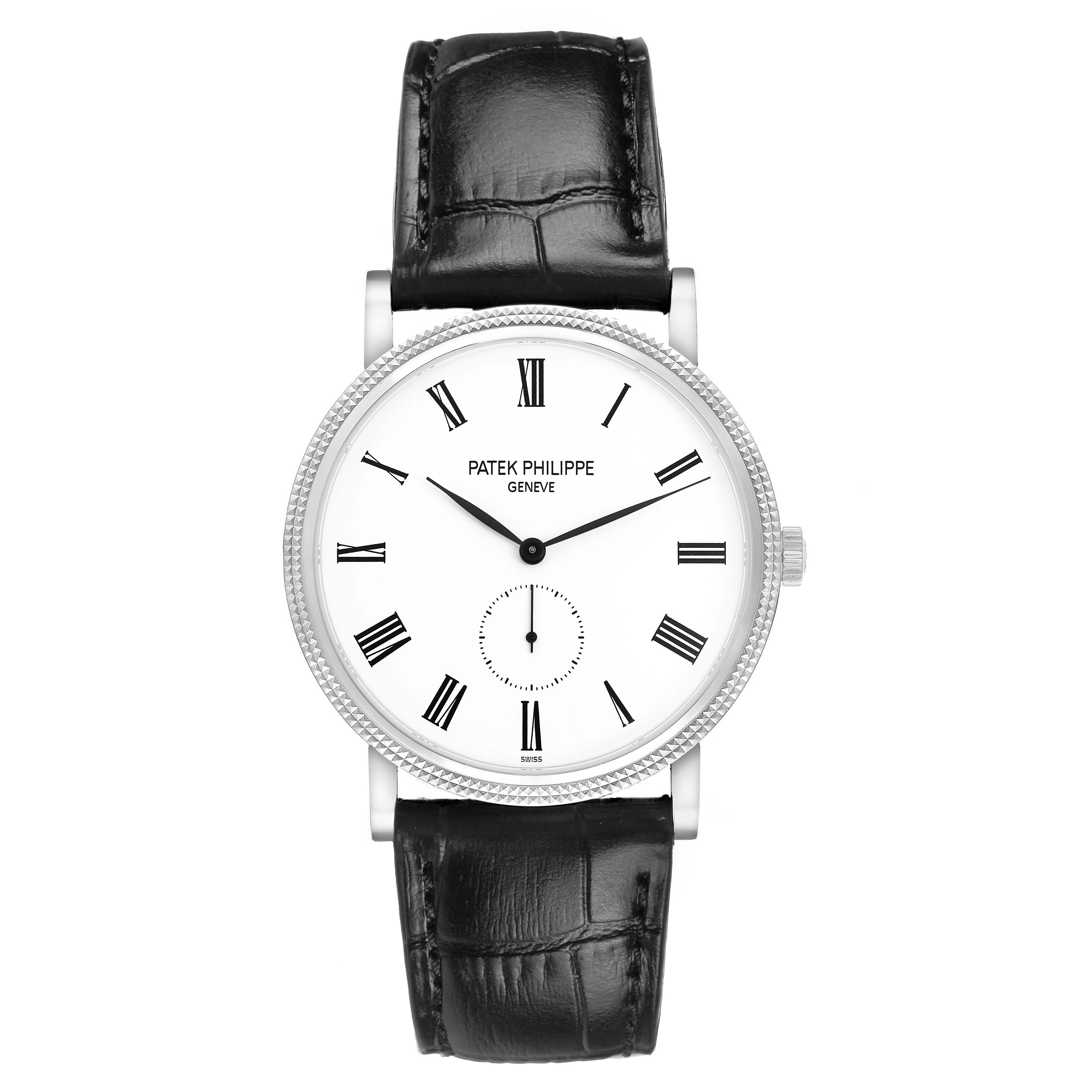 The Patek Philippe Calatrava 5119G-001 Men's White Gold White Dial watch is shown from the front, displaying its dial, black leather strap, and Roman numerals.